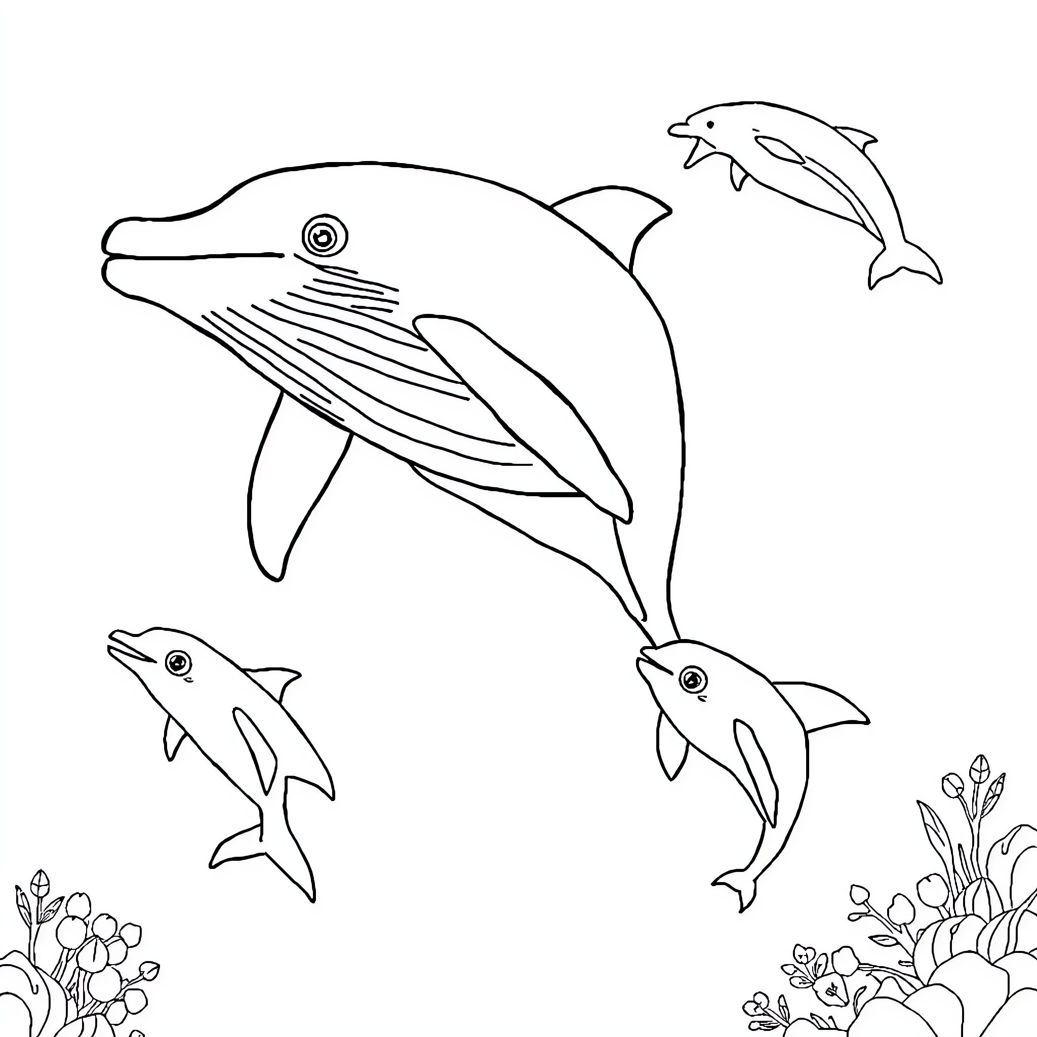 Beluga whales swimming gracefully in the ocean Coloring Page (free black-and-white line drawing printable PDF for all, from beginners to advanced learners, including children, teens, adults, and seniors)