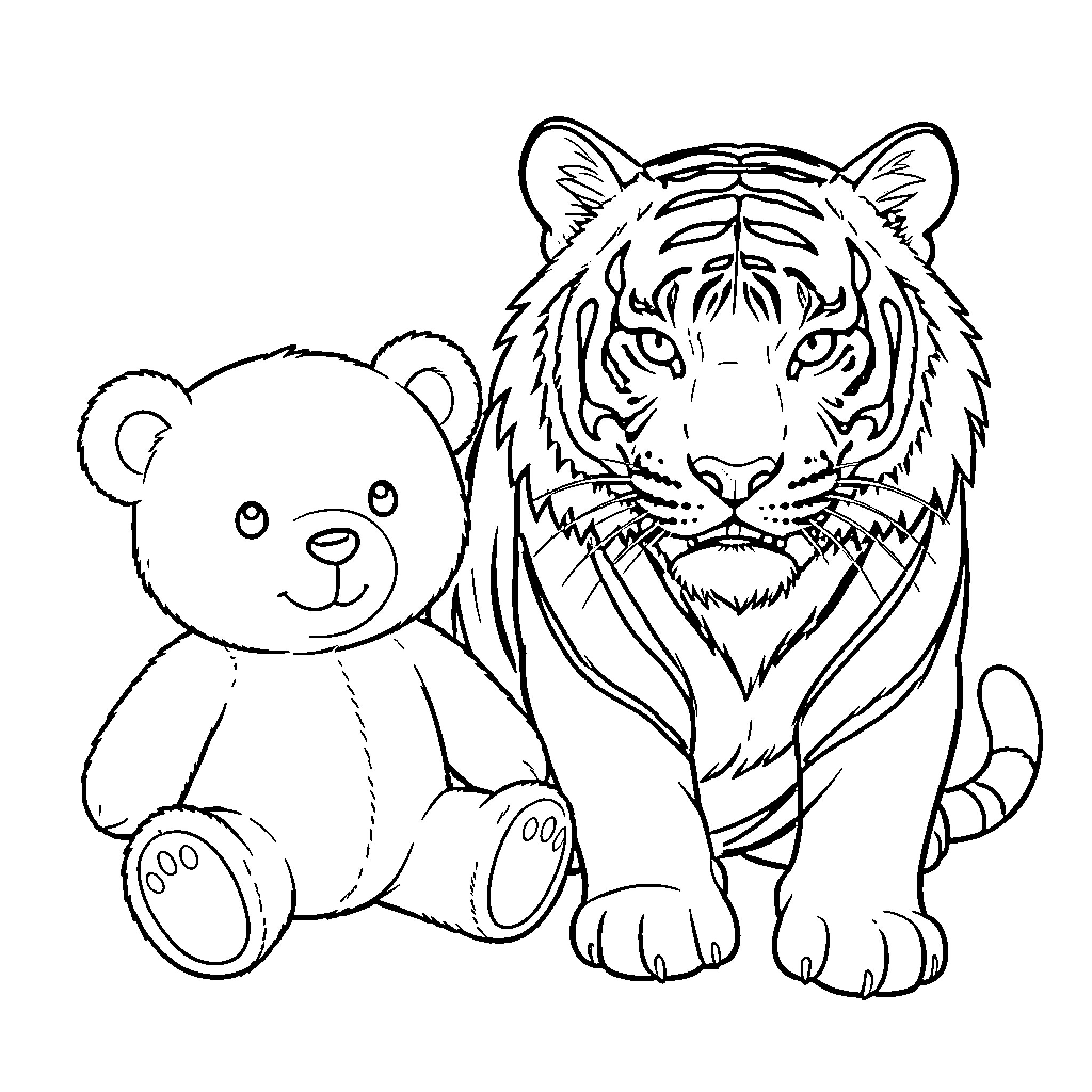 Teddy Bear Befriends Majestic Tiger Coloring Page (free black-and-white line drawing printable PDF for all, from beginners to advanced learners, including children, teens, adults, and seniors)