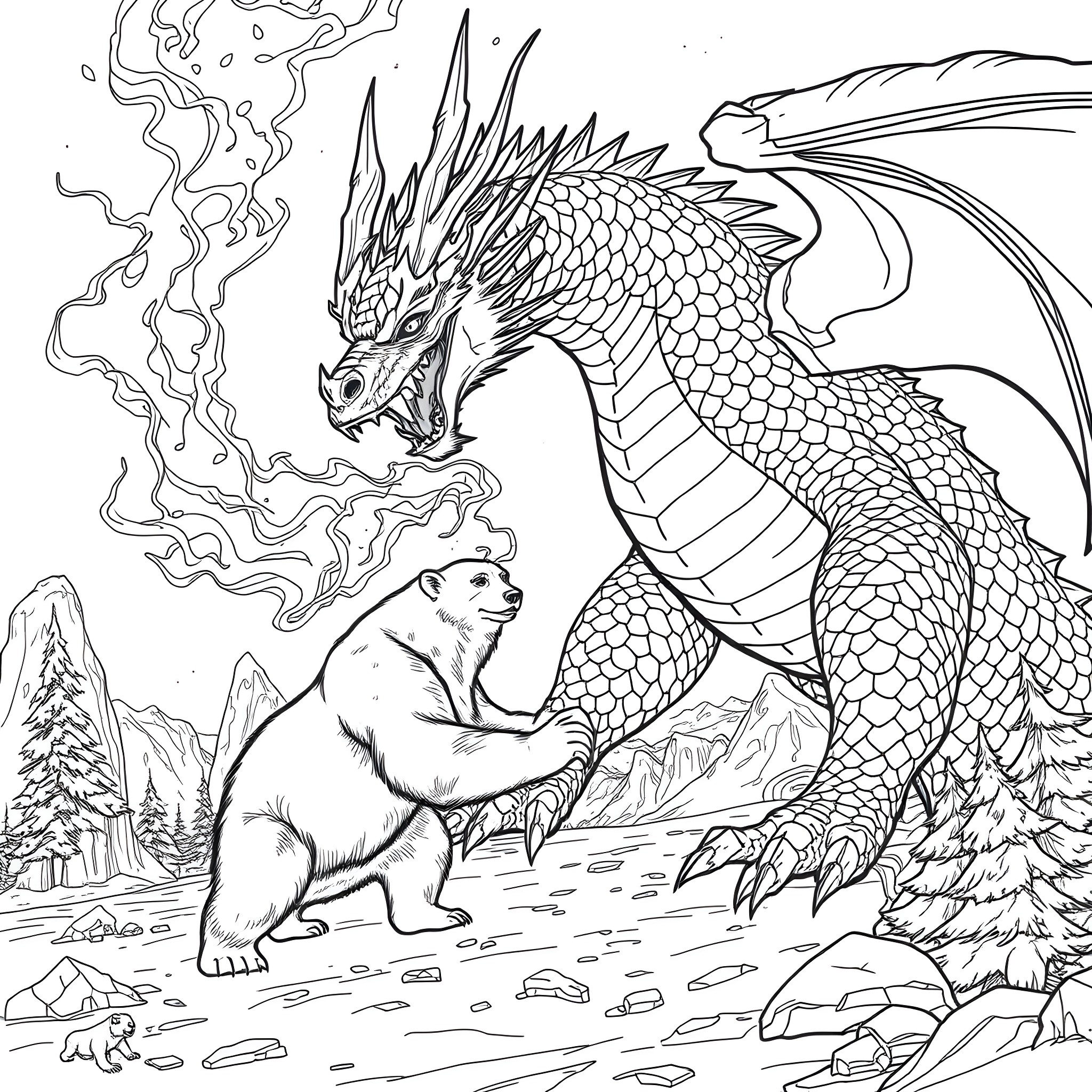 Dragon confronting a fierce beast in the wilderness Coloring Page (free black-and-white line drawing printable PDF for all, from beginners to advanced learners, including children, teens, adults, and seniors)