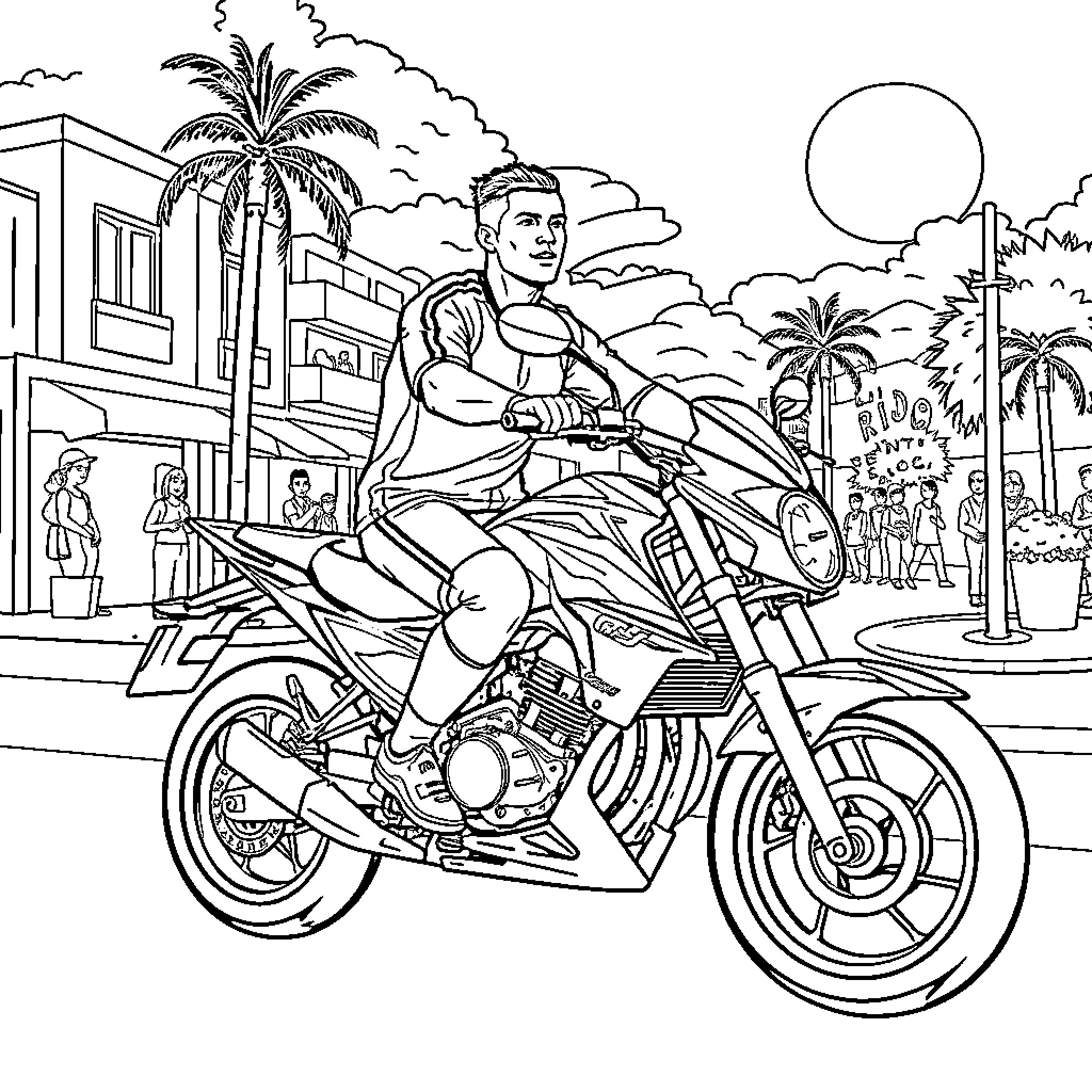 Christian Ronaldo riding a motorcycle through a tropical town Coloring Page (free black-and-white line drawing printable PDF for all, from beginners to advanced learners, including children, teens, adults, and seniors)