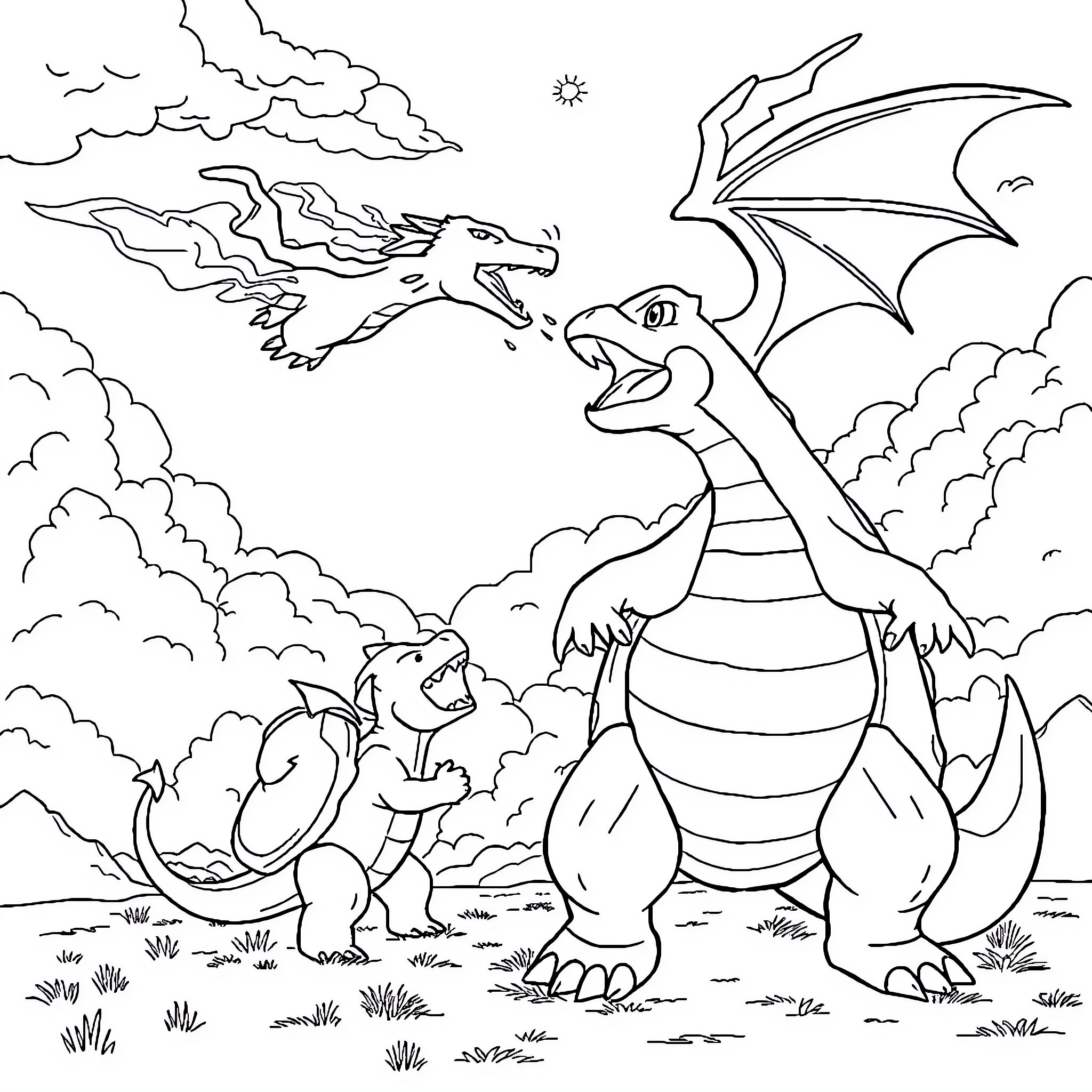 Charizard and Dragonite in a Cloudy Sky Coloring Page (free black-and-white line drawing printable PDF for all, from beginners to advanced learners, including children, teens, adults, and seniors)