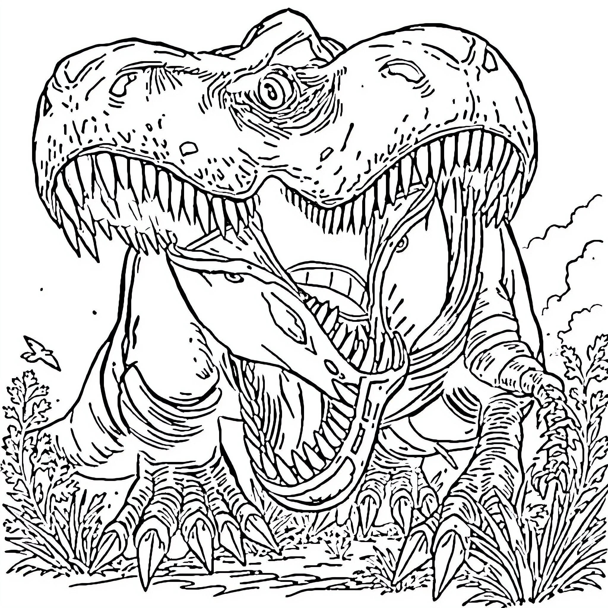 T-Rex roaring aggressively in the wilderness Coloring Page (free black-and-white line drawing printable PDF for all, from beginners to advanced learners, including children, teens, adults, and seniors)