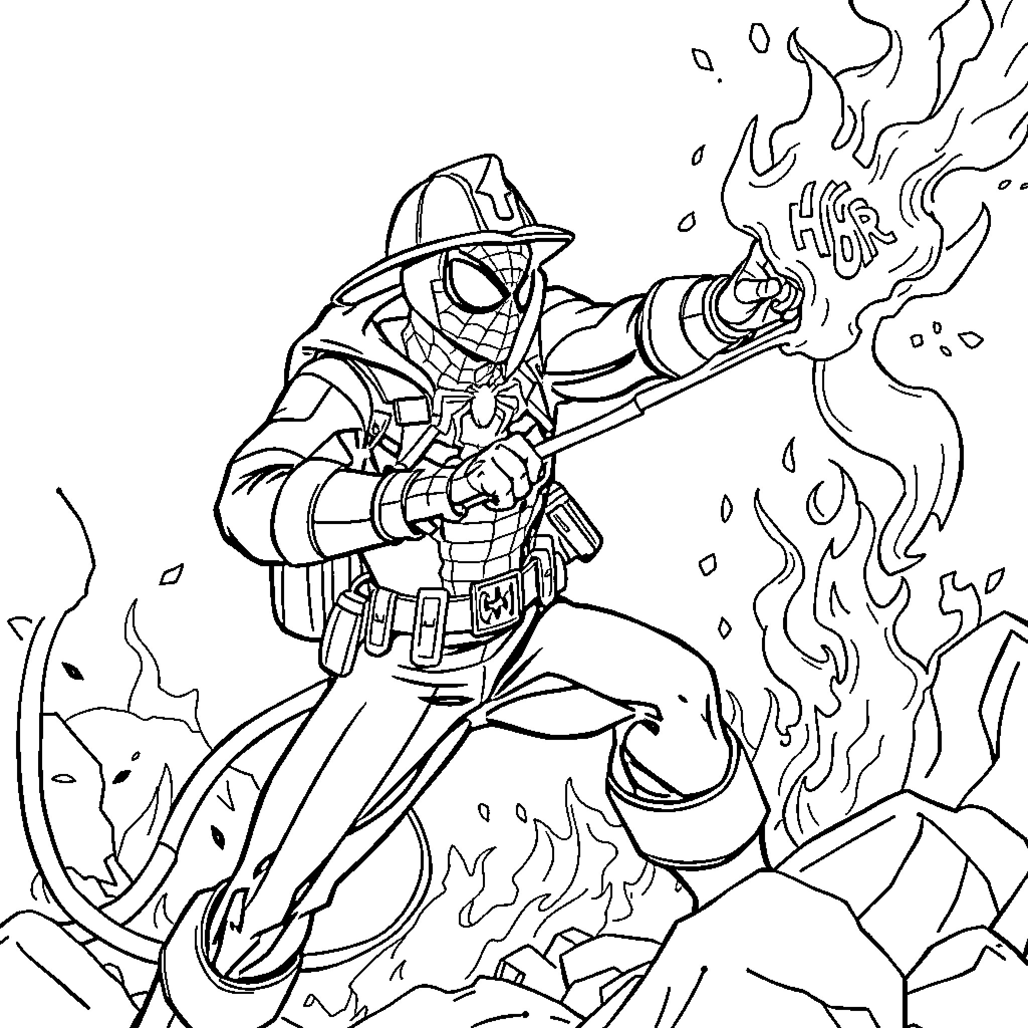 Spiderman as a Firefighter Battling Flames Coloring Page (free black-and-white line drawing printable PDF for all, from beginners to advanced learners, including children, teens, adults, and seniors)