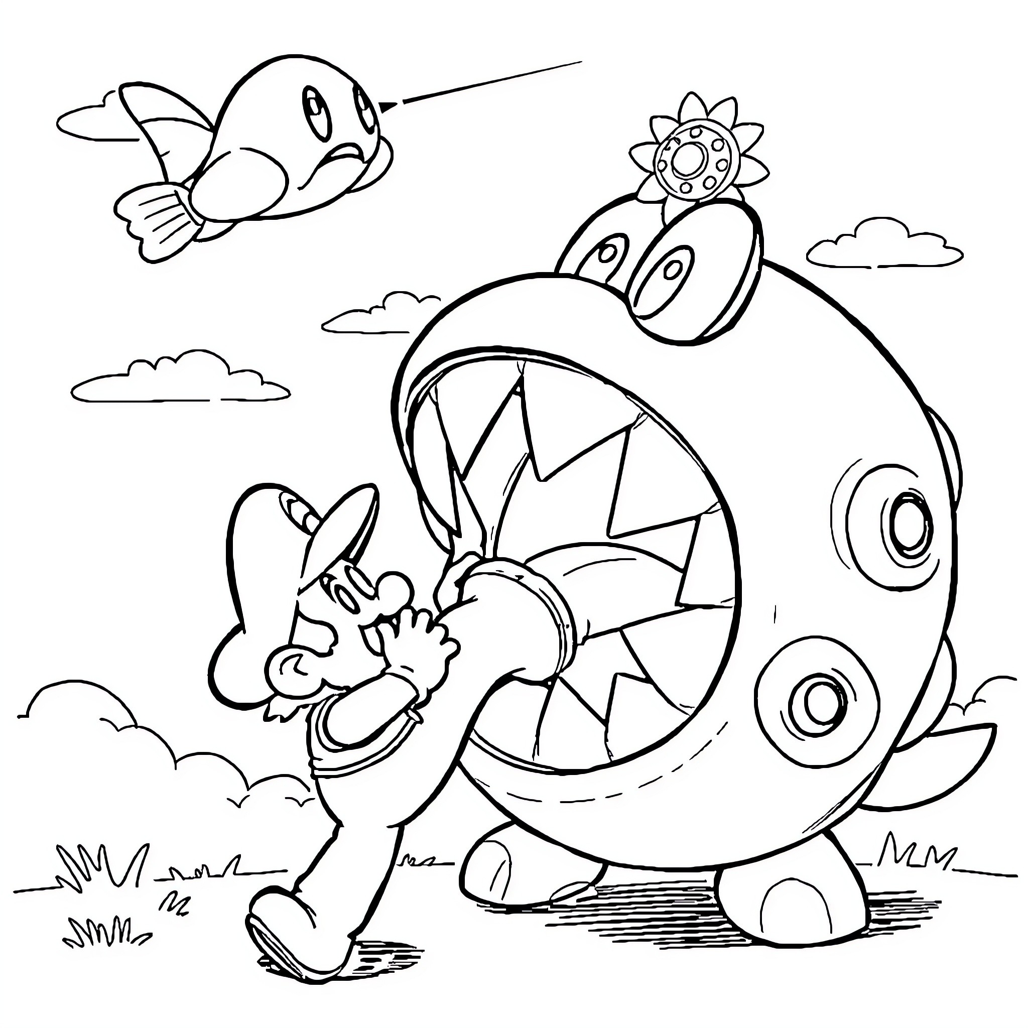 Chain Chomp creature chasing surprised plumber Coloring Page (free black-and-white line drawing printable PDF for all, from beginners to advanced learners, including children, teens, adults, and seniors)