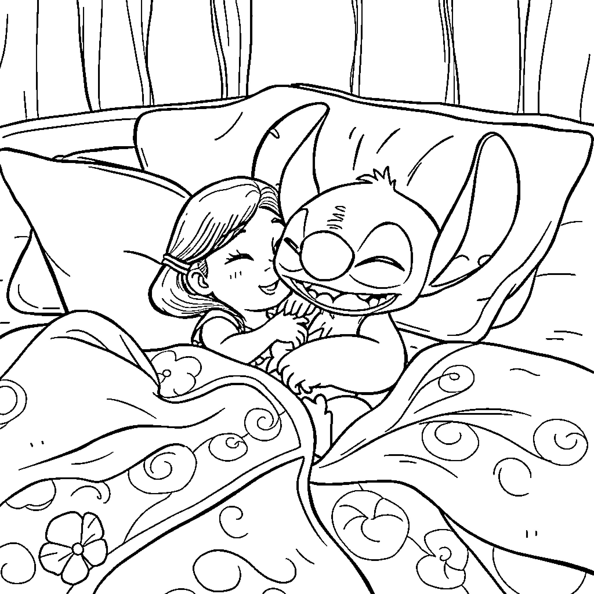 Lilo And Stitch Cuddling Peacefully in Bed Coloring Page (free black-and-white line drawing printable PDF for all, from beginners to advanced learners, including children, teens, adults, and seniors)