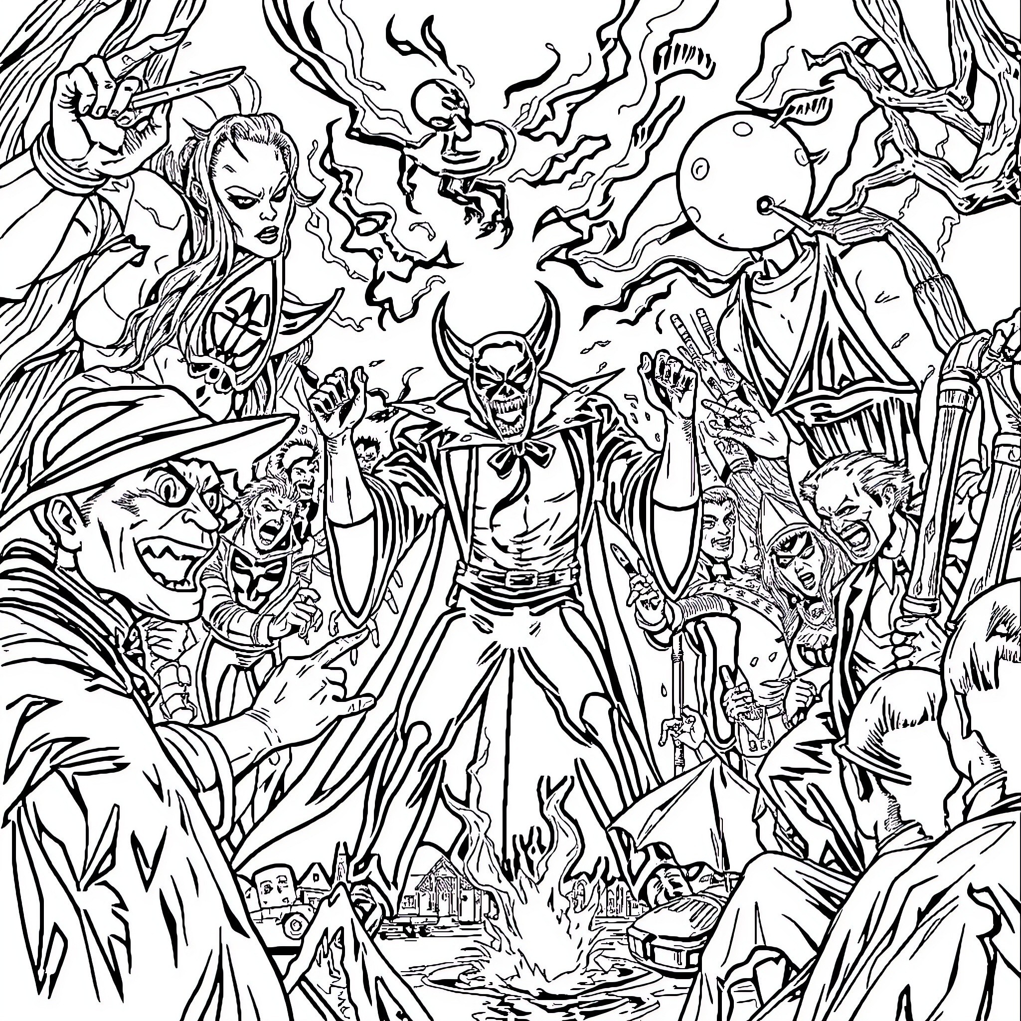 Wicked Supernatural Entities in Turbulent Chaos Coloring Page (free black-and-white line drawing printable PDF for all, from beginners to advanced learners, including children, teens, adults, and seniors)