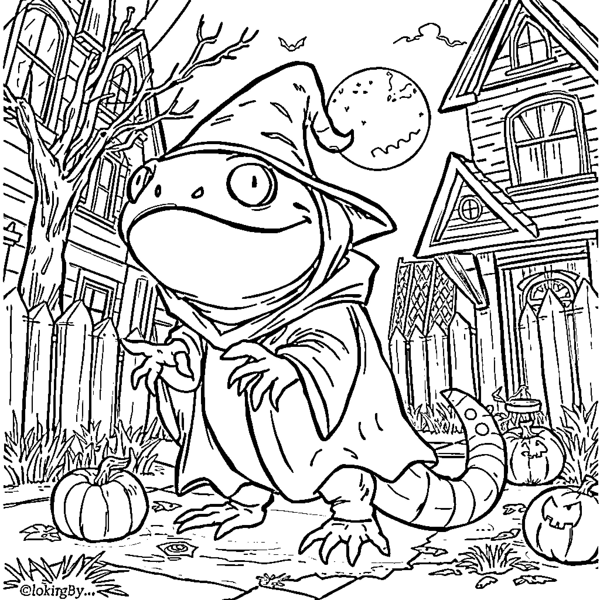 Axolotl in a whimsical Halloween setting Coloring Page (free black-and-white line drawing printable PDF for all, from beginners to advanced learners, including children, teens, adults, and seniors)