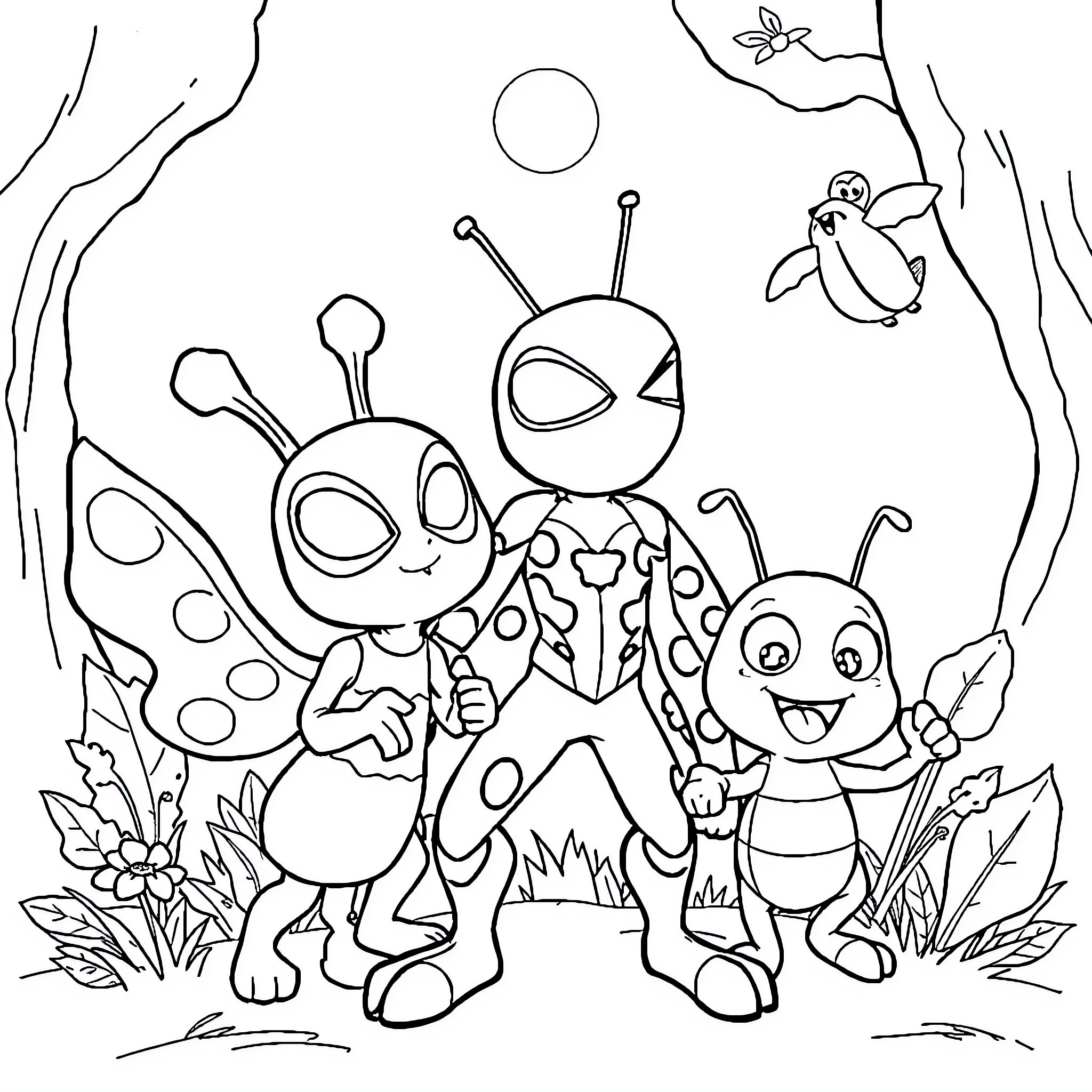 Patrouille of Friendly Insects Exploring Nature Coloring Page (free black-and-white line drawing printable PDF for all, from beginners to advanced learners, including children, teens, adults, and seniors)
