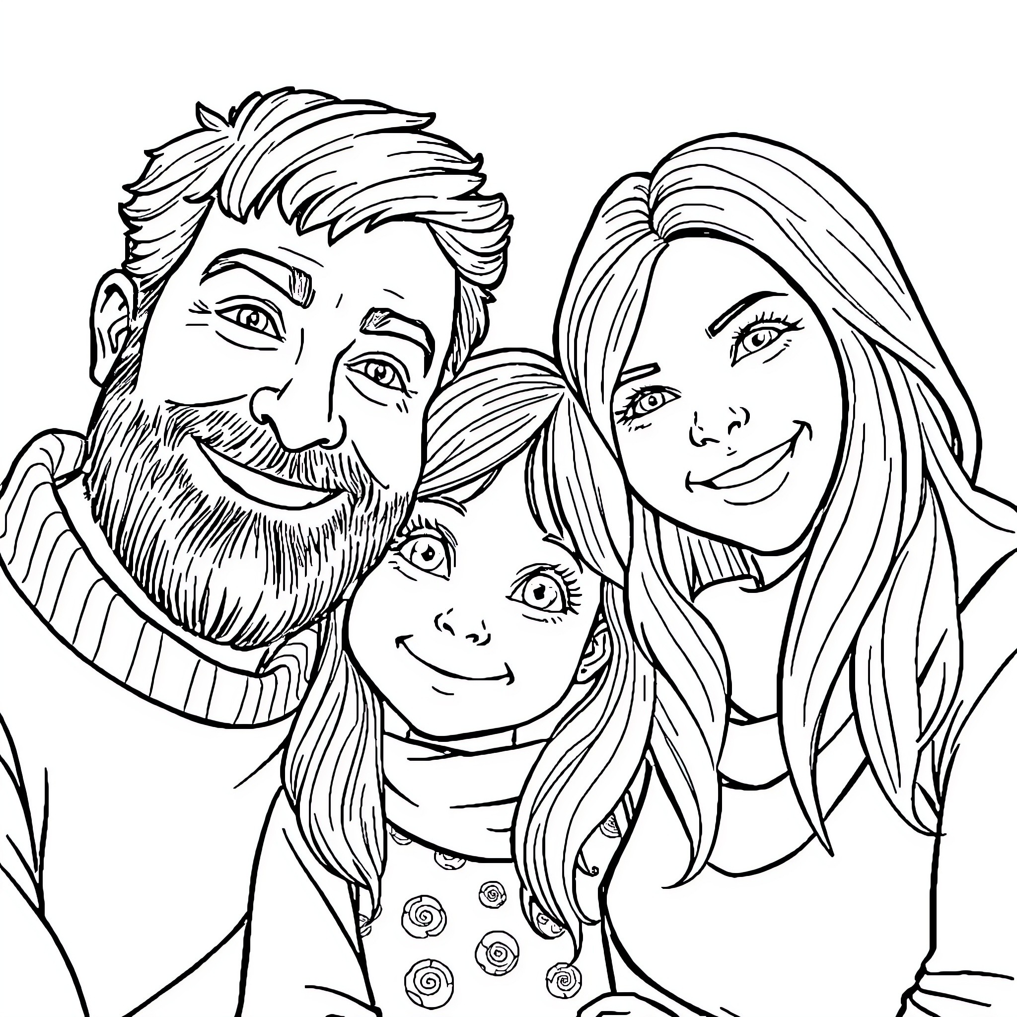 Family enjoying a happy moment together Coloring Page (free black-and-white line drawing printable PDF for all, from beginners to advanced learners, including children, teens, adults, and seniors)