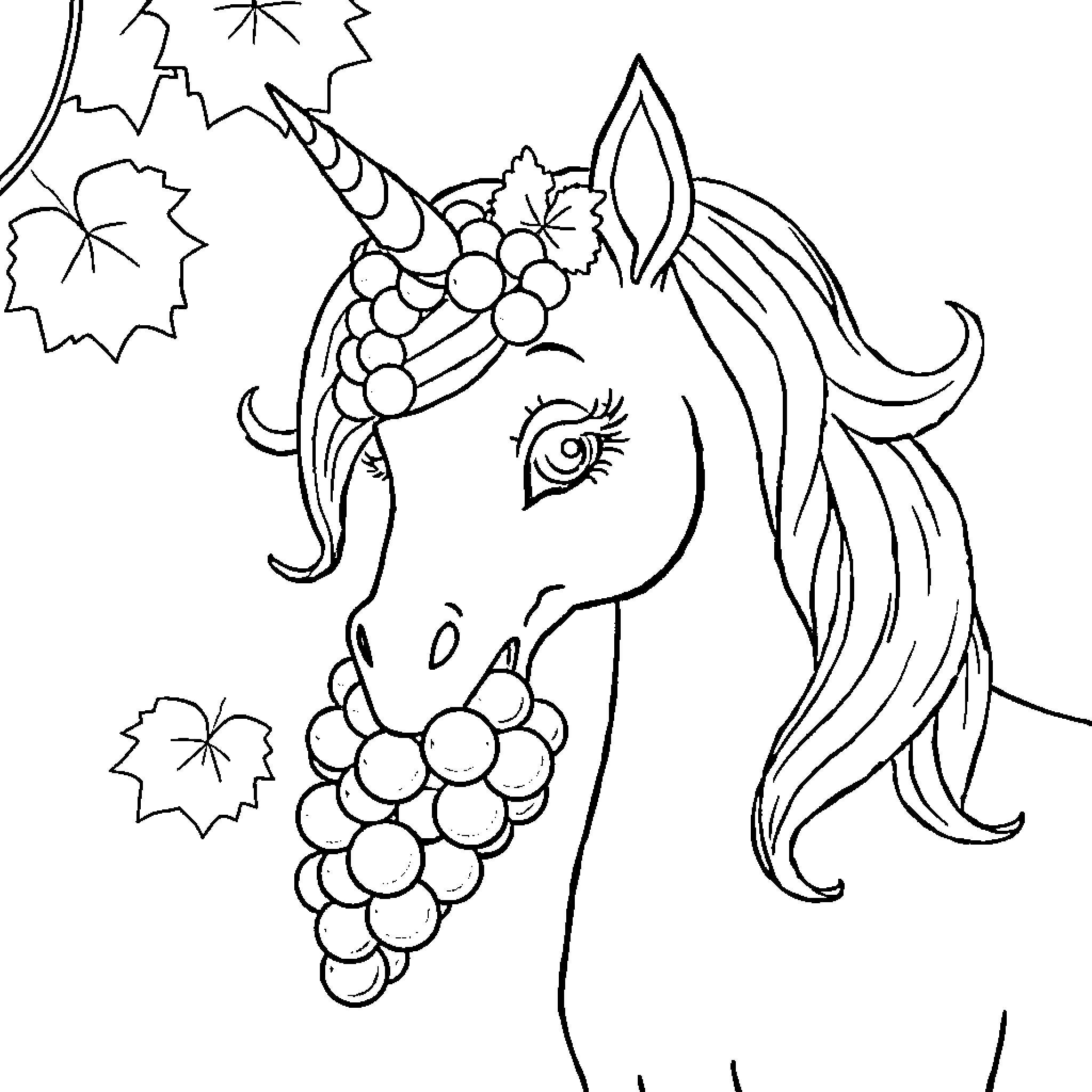 Unicorn with flowers and autumn leaves Coloring Page (free black-and-white line drawing printable PDF for all, from beginners to advanced learners, including children, teens, adults, and seniors)