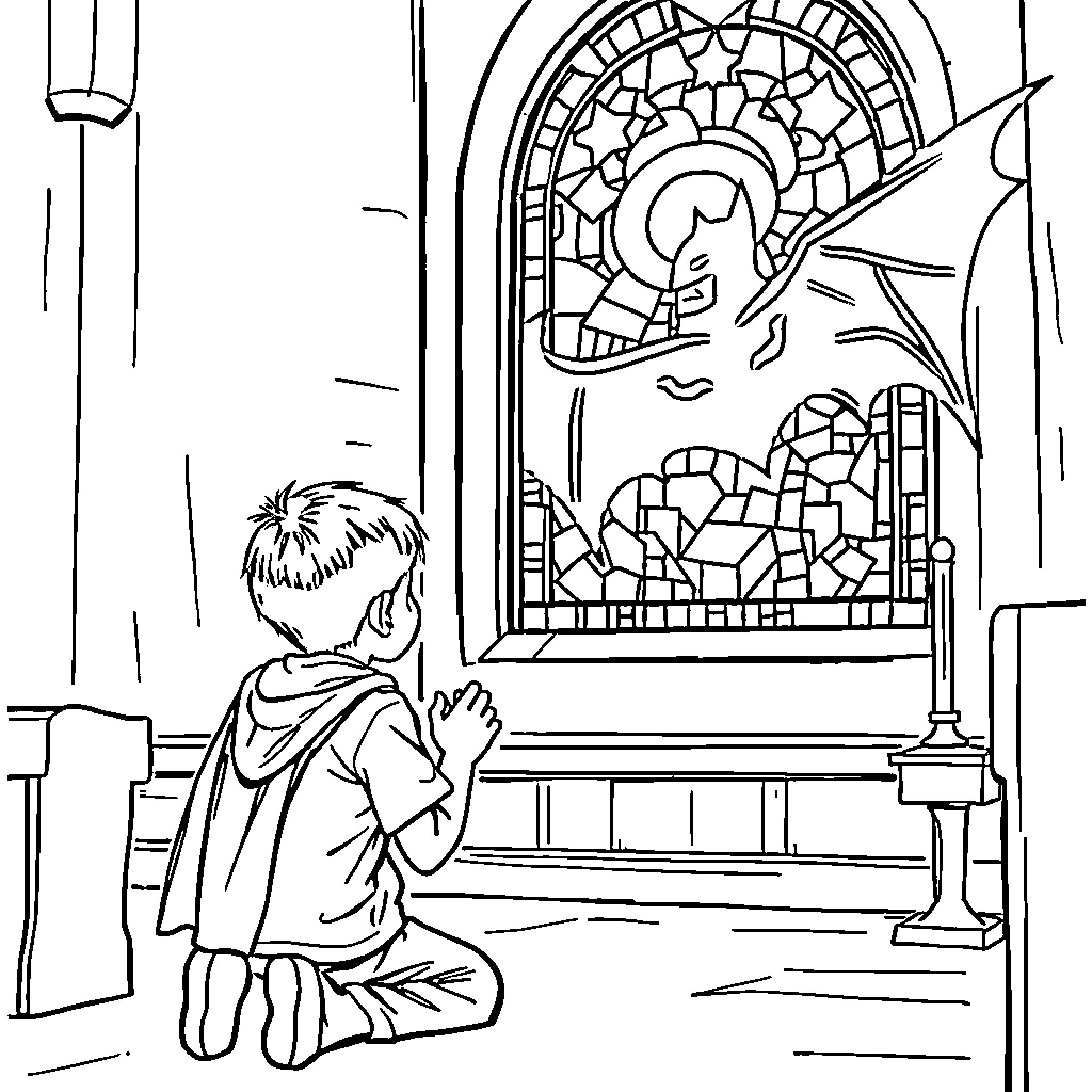 Boy in prayer before stained glass window Coloring Page (free black-and-white line drawing printable PDF for all, from beginners to advanced learners, including children, teens, adults, and seniors)