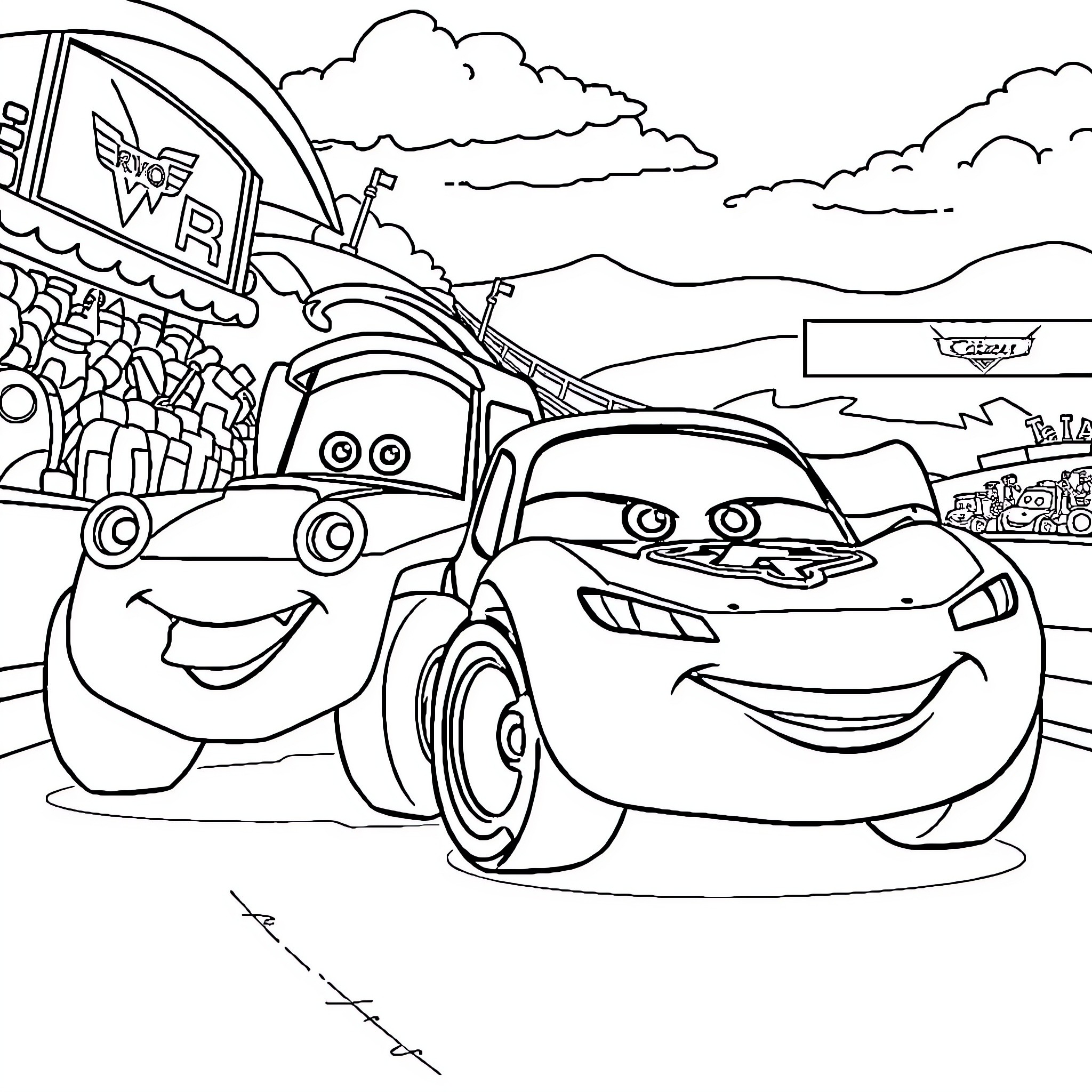 Rayo McQueen and friends having fun at the race track Coloring Page (free black-and-white line drawing printable PDF for all, from beginners to advanced learners, including children, teens, adults, and seniors)