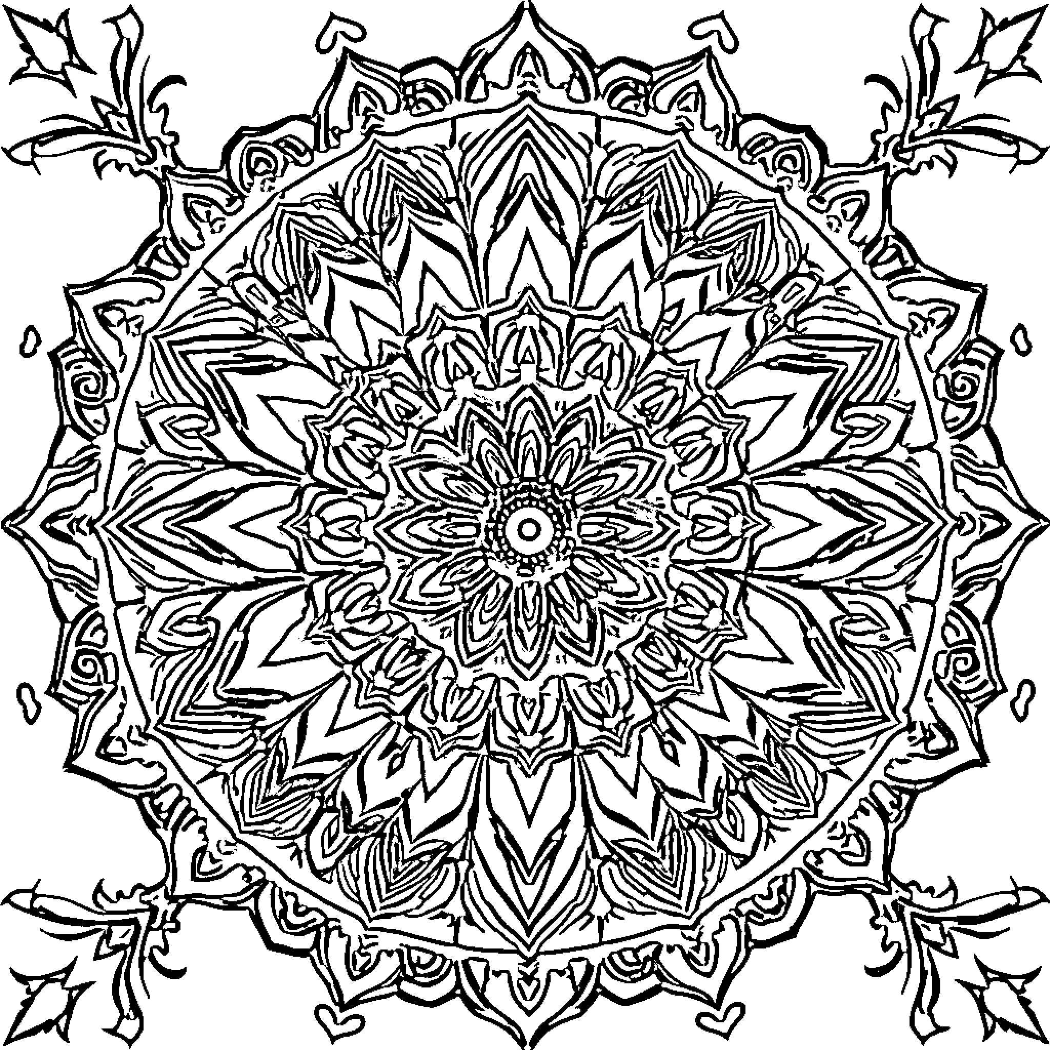 Mandala of intricate floral designs and patterns Coloring Page (free black-and-white line drawing printable PDF for all, from beginners to advanced learners, including children, teens, adults, and seniors)