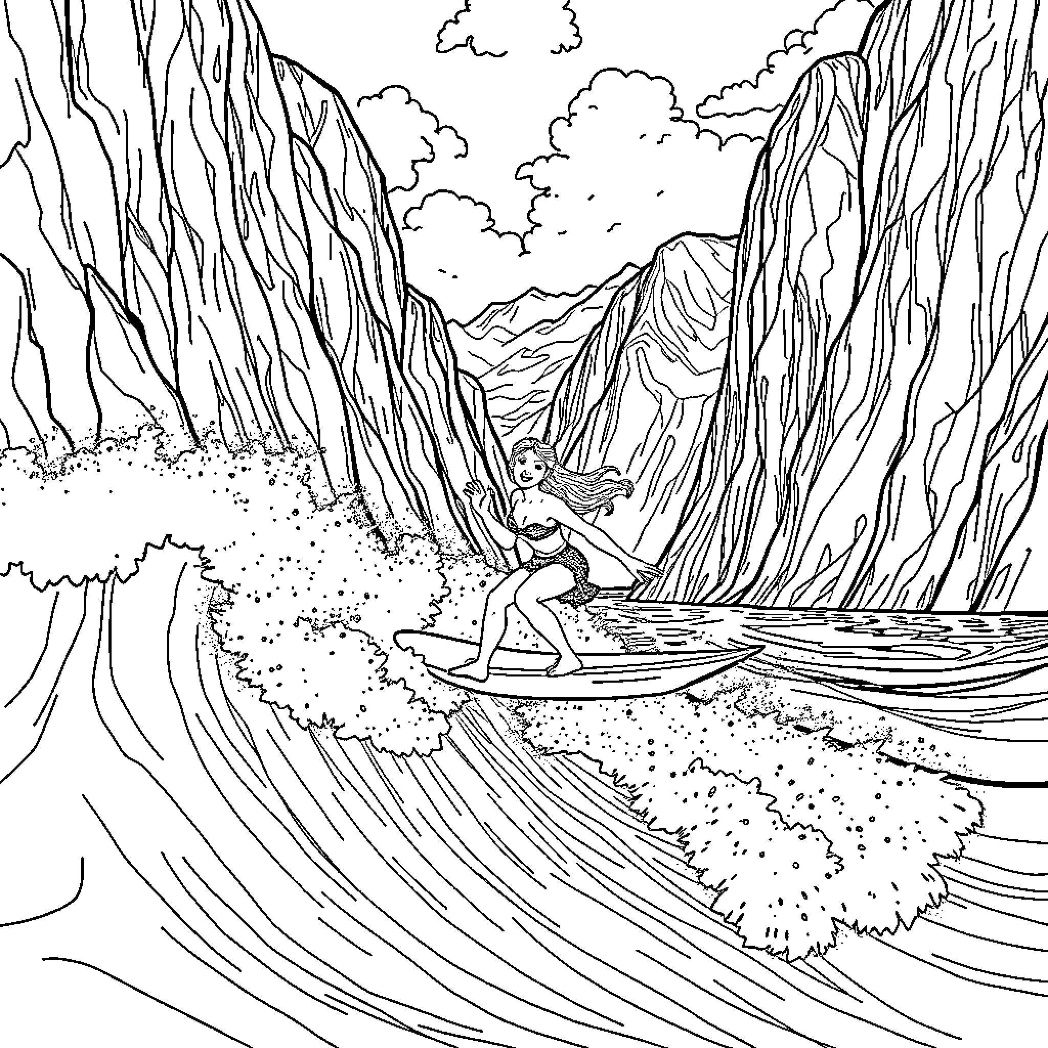 Vaiana surfing the epic waves in a scenic landscape Coloring Page (free black-and-white line drawing printable PDF for all, from beginners to advanced learners, including children, teens, adults, and seniors)