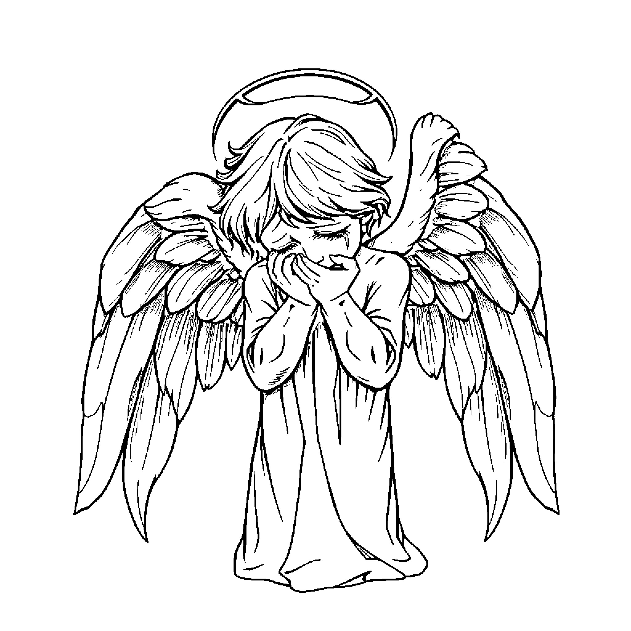 Weeping Angel with Sorrowful Embrace Coloring Page (free black-and-white line drawing printable PDF for all, from beginners to advanced learners, including children, teens, adults, and seniors)