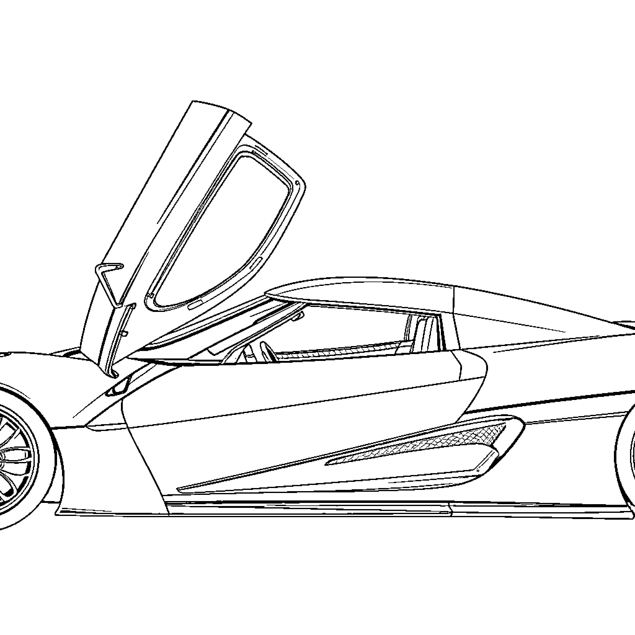 Koenigsegg hypercar with sleek design and gull-wing doors Coloring Page (free black-and-white line drawing printable PDF for all, from beginners to advanced learners, including children, teens, adults, and seniors)
