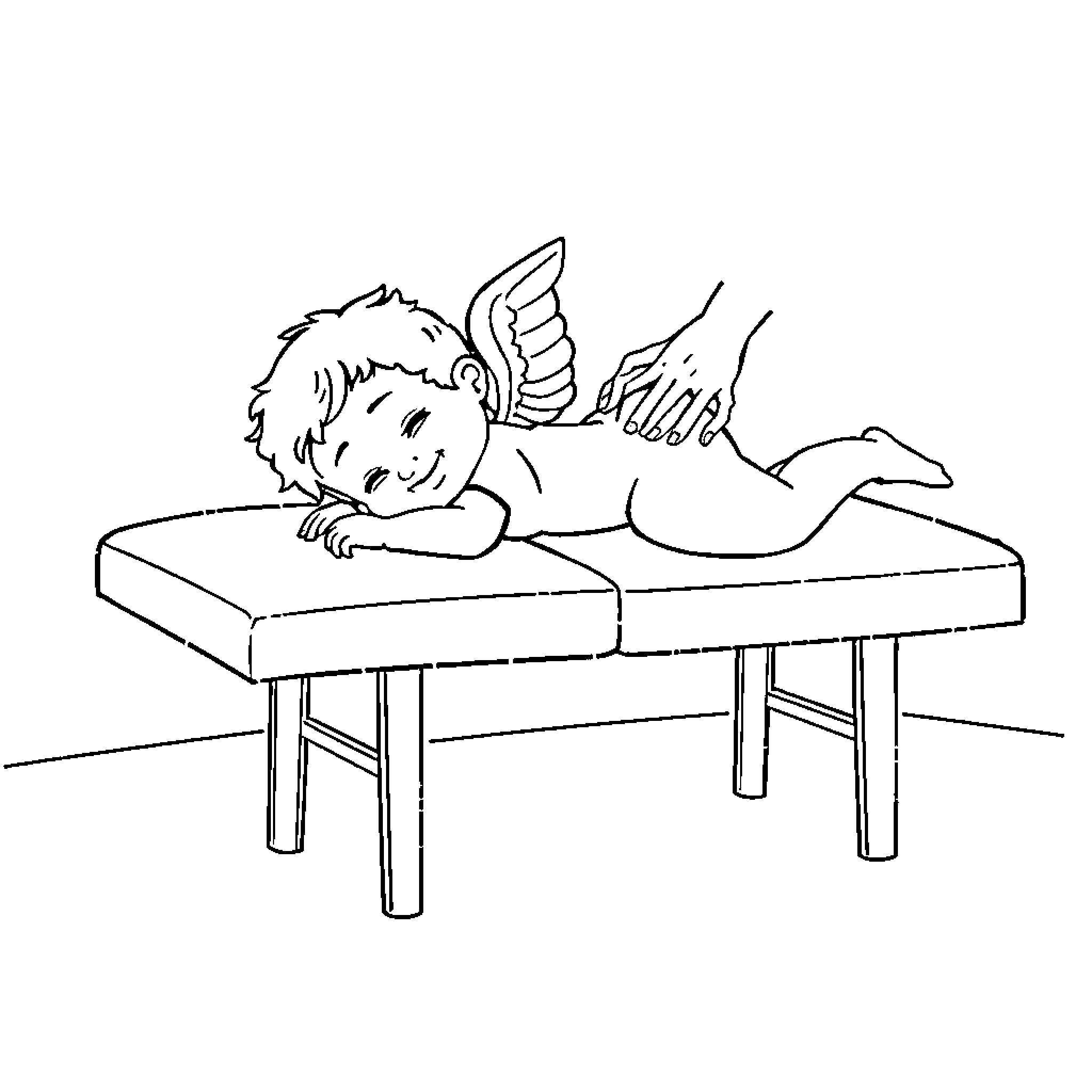 Cupid resting contently on a cozy bench Coloring Page (free black-and-white line drawing printable PDF for all, from beginners to advanced learners, including children, teens, adults, and seniors)