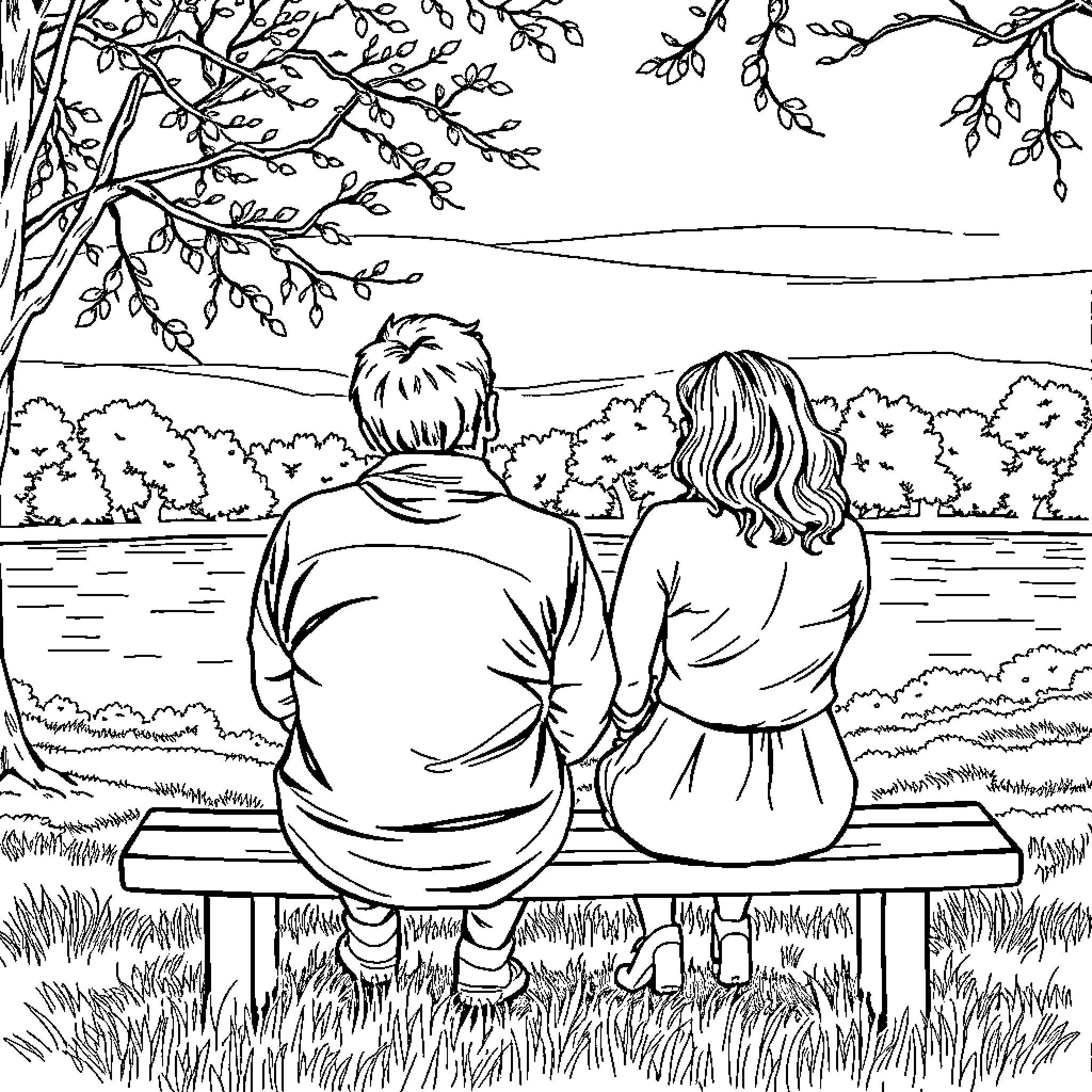 Wife and Husband Enjoying Peaceful Scenery Coloring Page (free black-and-white line drawing printable PDF for all, from beginners to advanced learners, including children, teens, adults, and seniors)