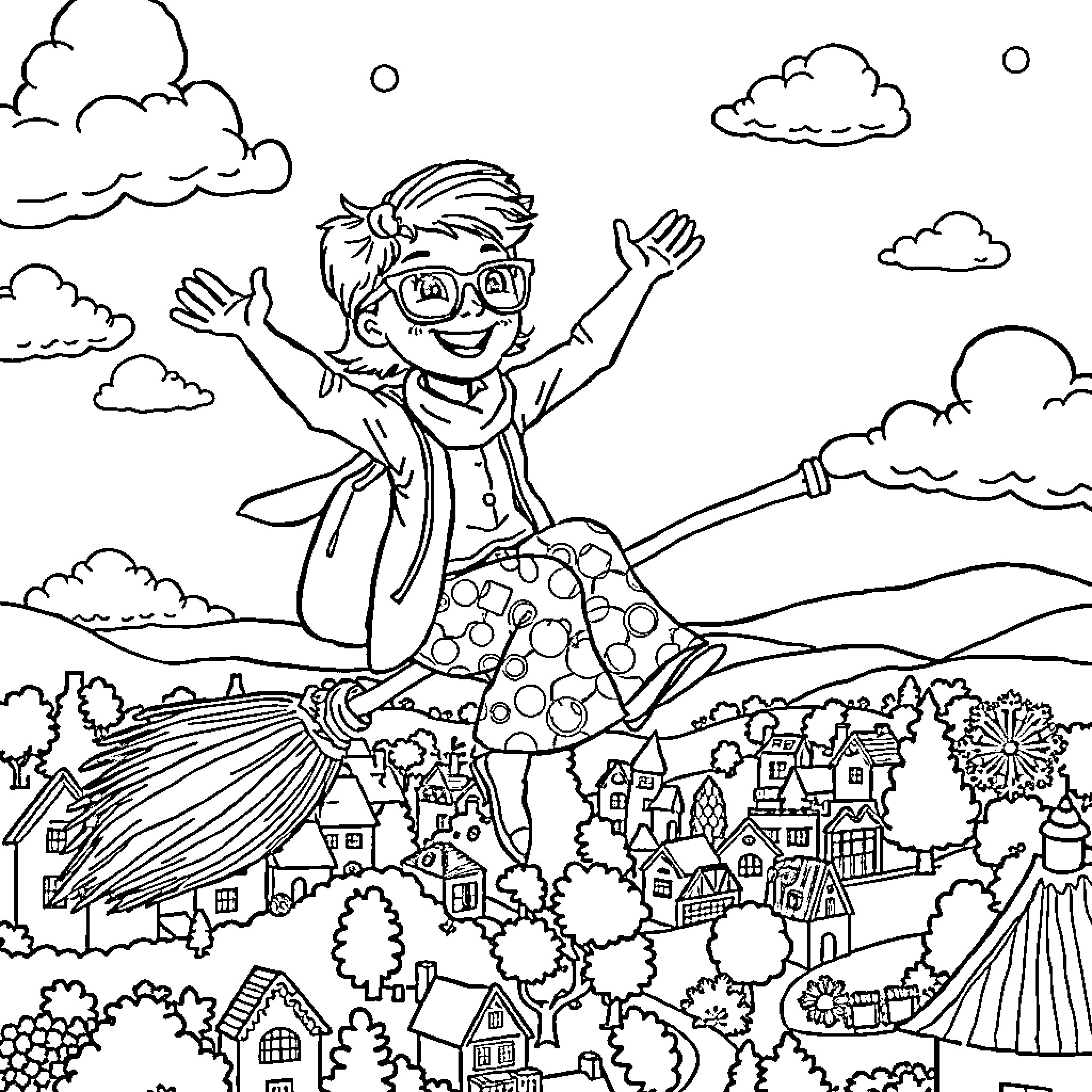Teacher flying joyfully over a whimsical town Coloring Page (free black-and-white line drawing printable PDF for all, from beginners to advanced learners, including children, teens, adults, and seniors)