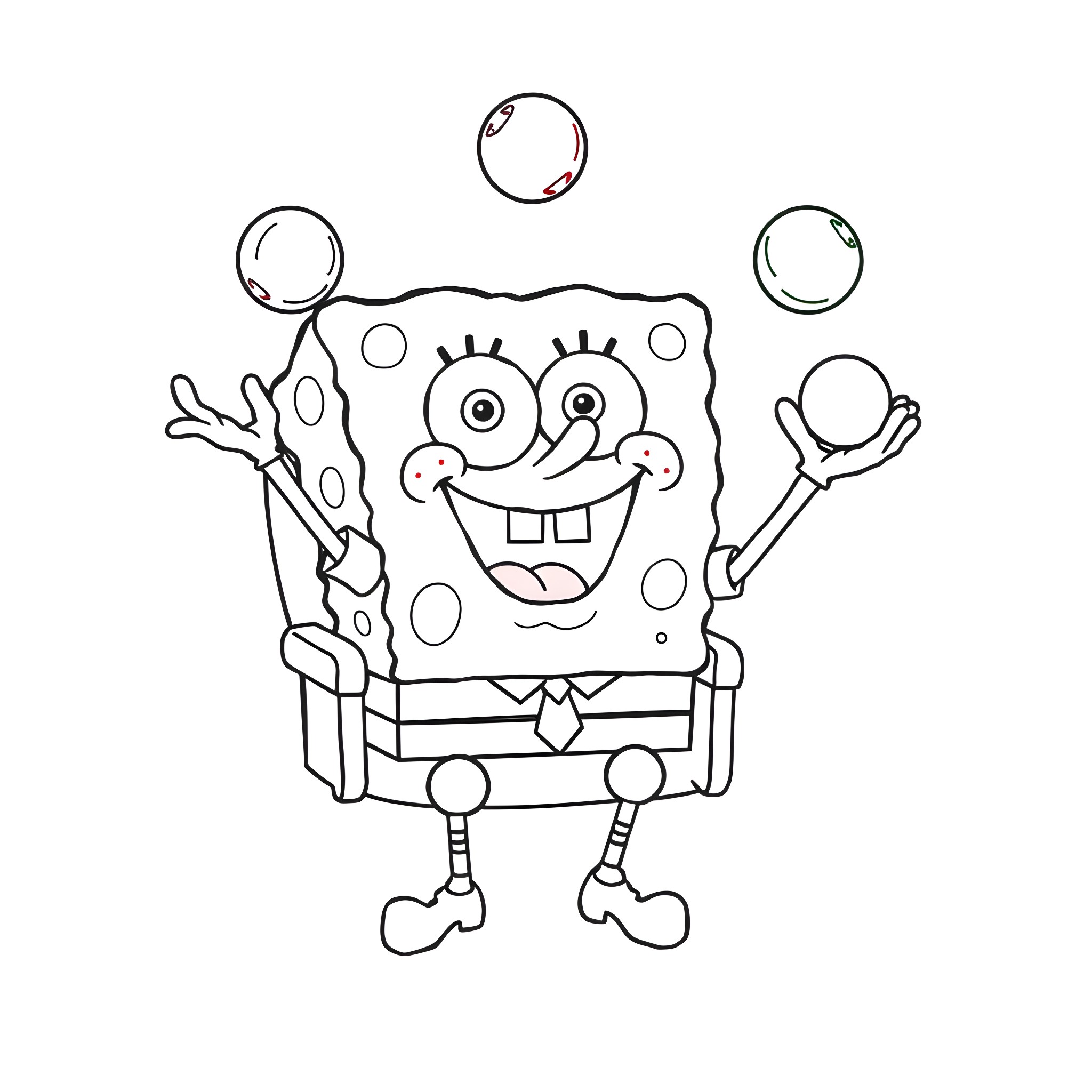 Spongebob juggling happily with bubbles Coloring Page (free black-and-white line drawing printable PDF for all, from beginners to advanced learners, including children, teens, adults, and seniors)