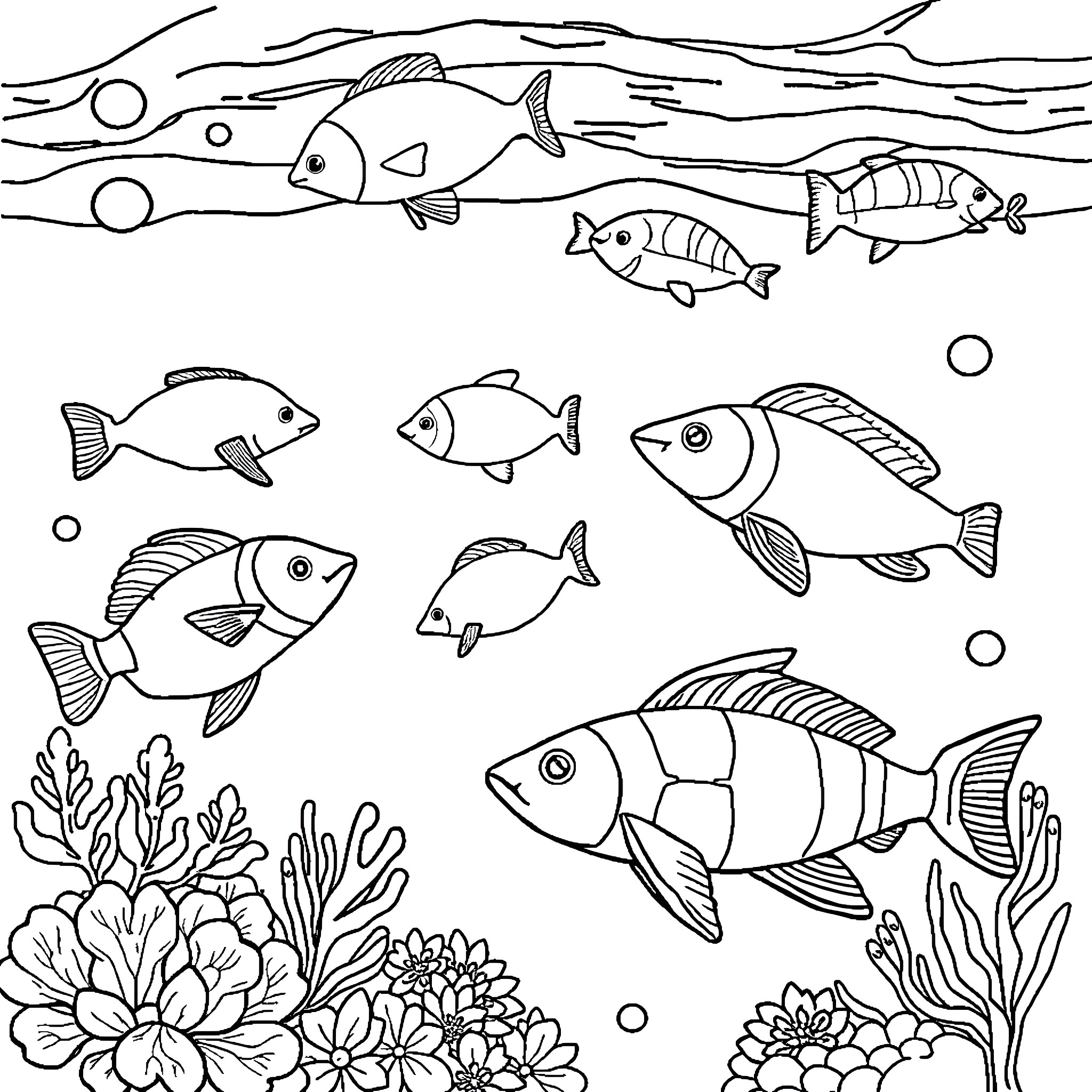 Sea Animals swimming among coral reefs Coloring Page (free black-and-white line drawing printable PDF for all, from beginners to advanced learners, including children, teens, adults, and seniors)