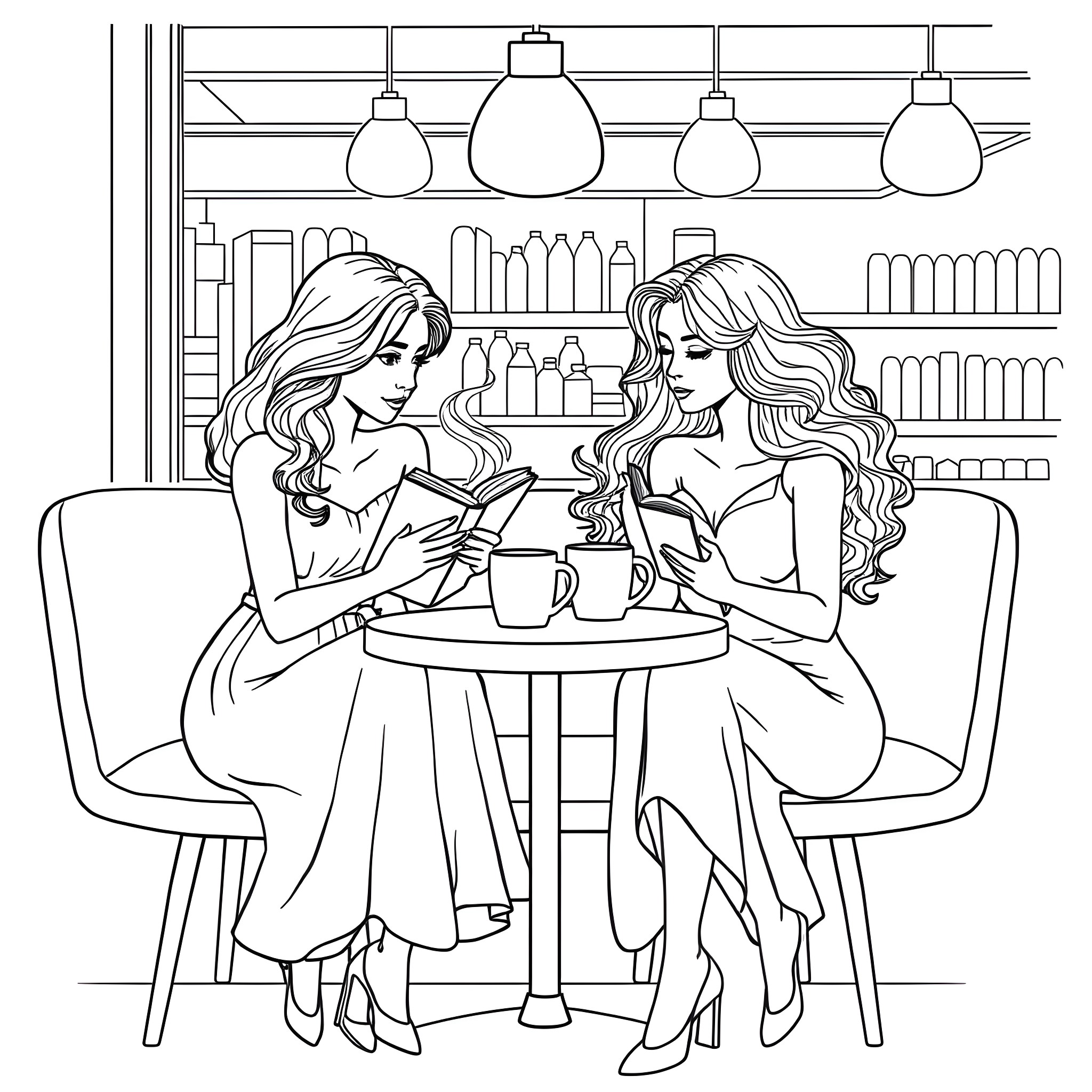 Women chatting over coffee at a cafe Coloring Page (free black-and-white line drawing printable PDF for all, from beginners to advanced learners, including children, teens, adults, and seniors)