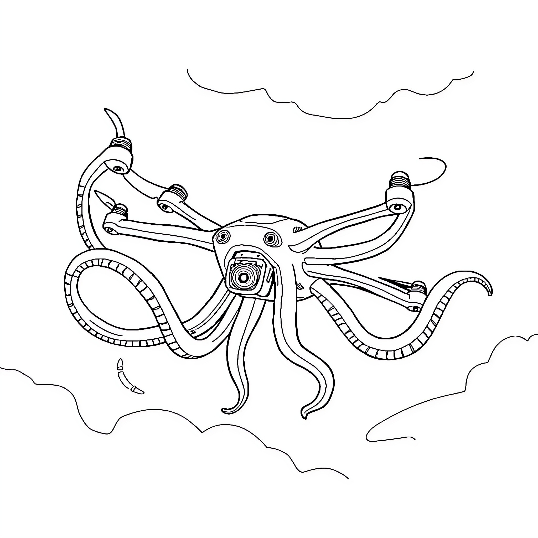 Drone exploring the skies with an octopus-like design Coloring Page (free black-and-white line drawing printable PDF for all, from beginners to advanced learners, including children, teens, adults, and seniors)