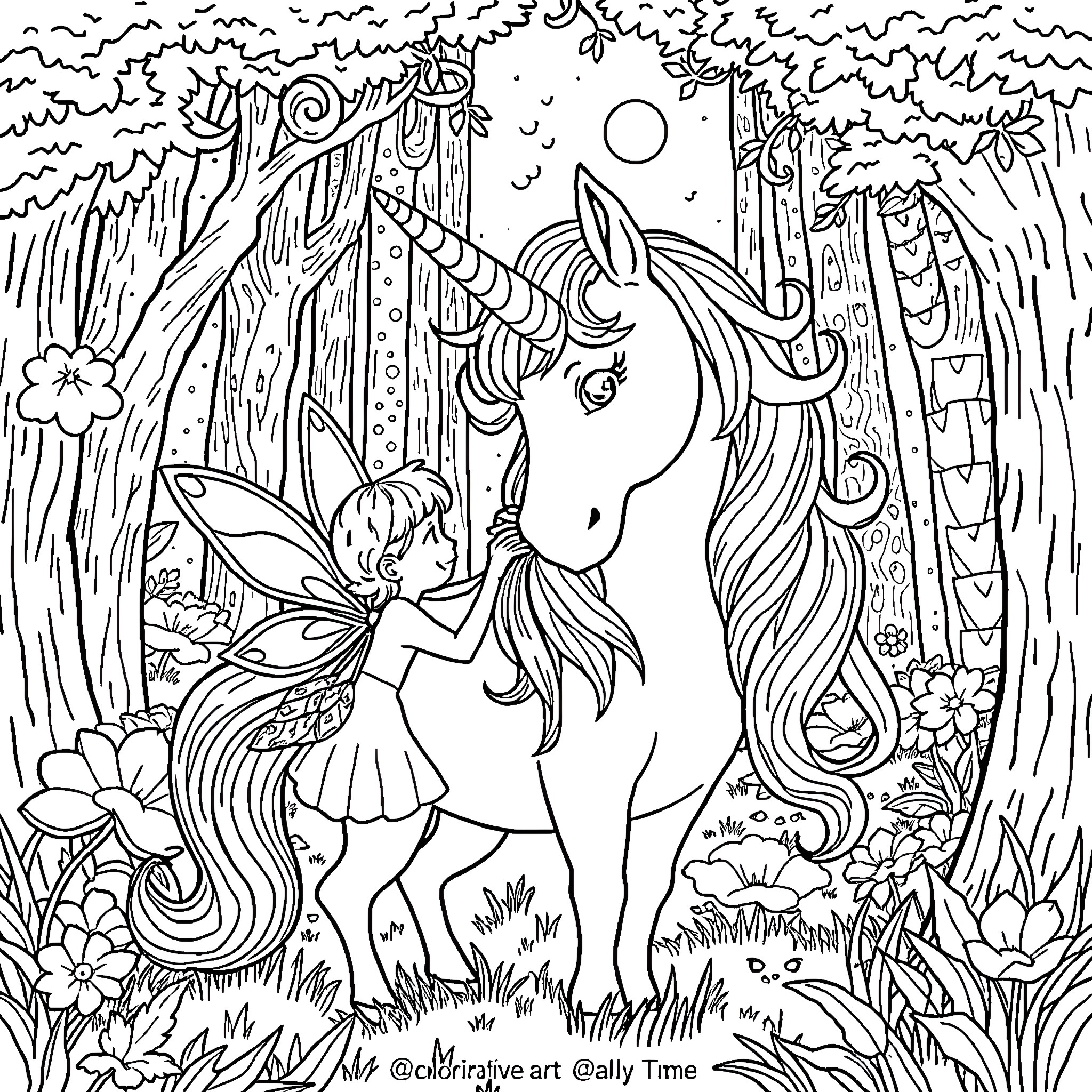 Fairy and Unicorn in Enchanted Forest Coloring Page (free black-and-white line drawing printable PDF for all, from beginners to advanced learners, including children, teens, adults, and seniors)