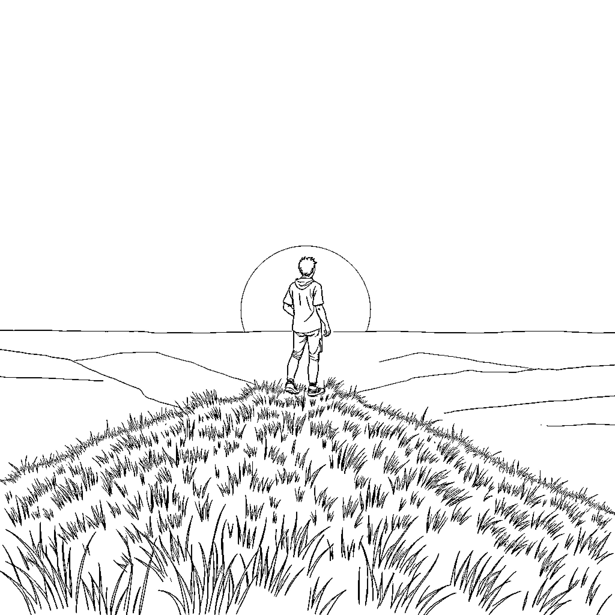 Figure of a Person Standing in a Grassy Field Coloring Page (free black-and-white line drawing printable PDF for all, from beginners to advanced learners, including children, teens, adults, and seniors)