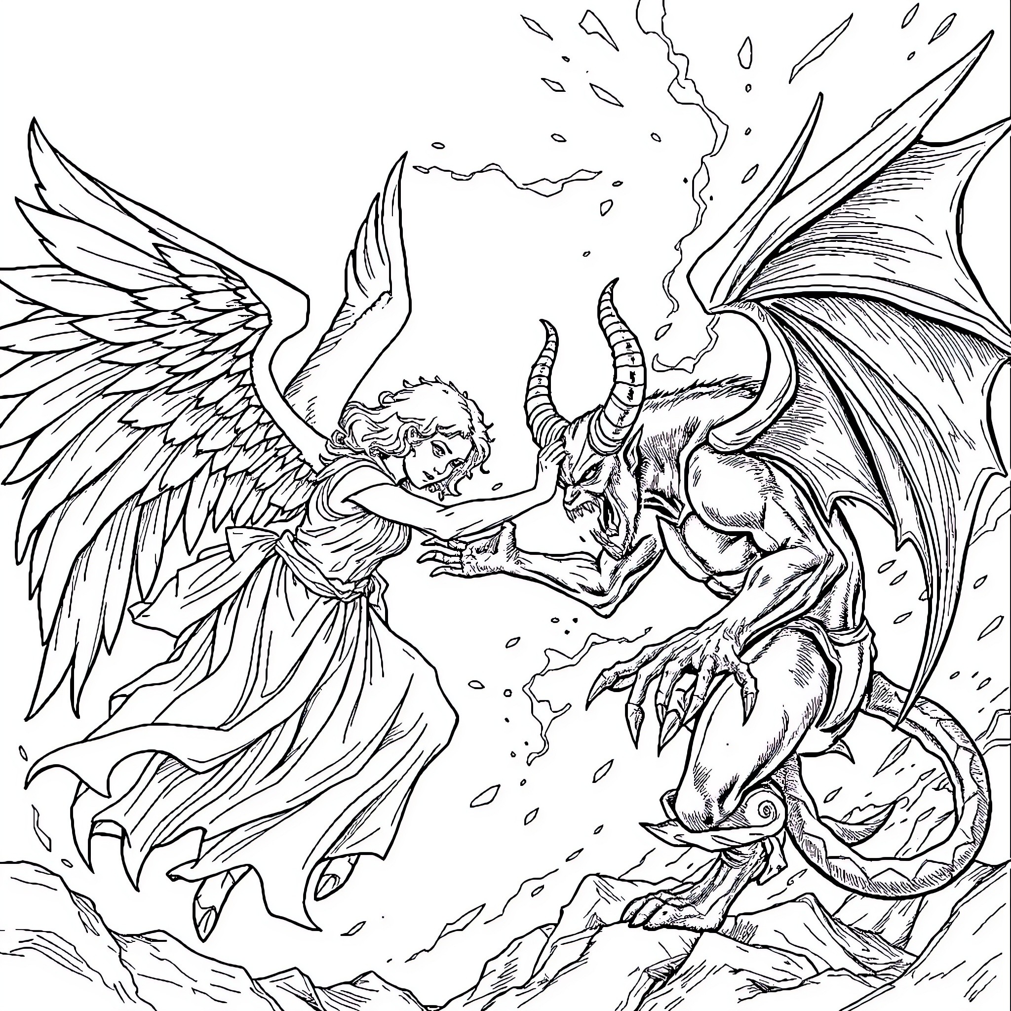 Angel battles against a fearsome dragon Coloring Page (free black-and-white line drawing printable PDF for all, from beginners to advanced learners, including children, teens, adults, and seniors)