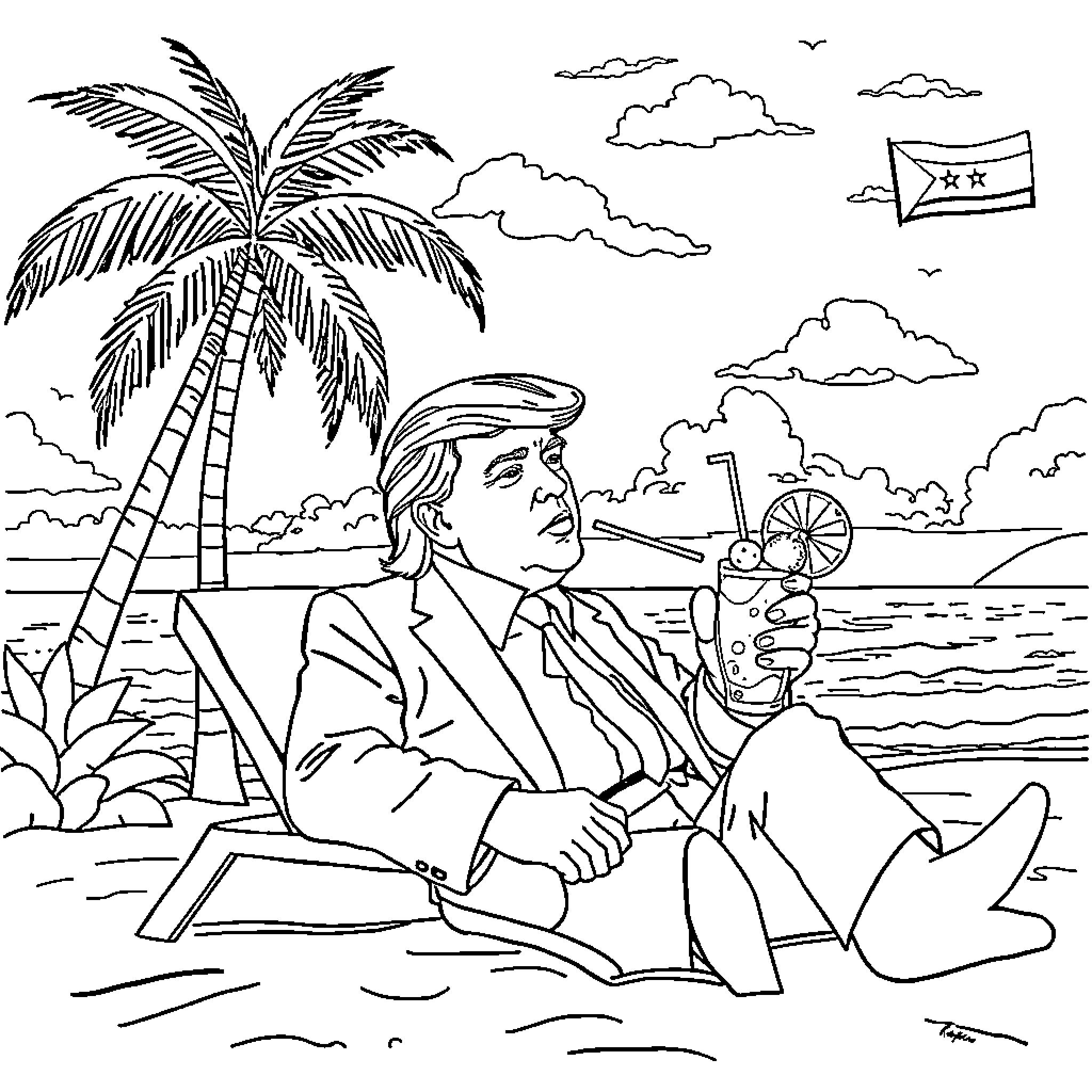 Trump enjoying tropical beach scene with palm trees and clouds Coloring Page (free black-and-white line drawing printable PDF for all, from beginners to advanced learners, including children, teens, adults, and seniors)