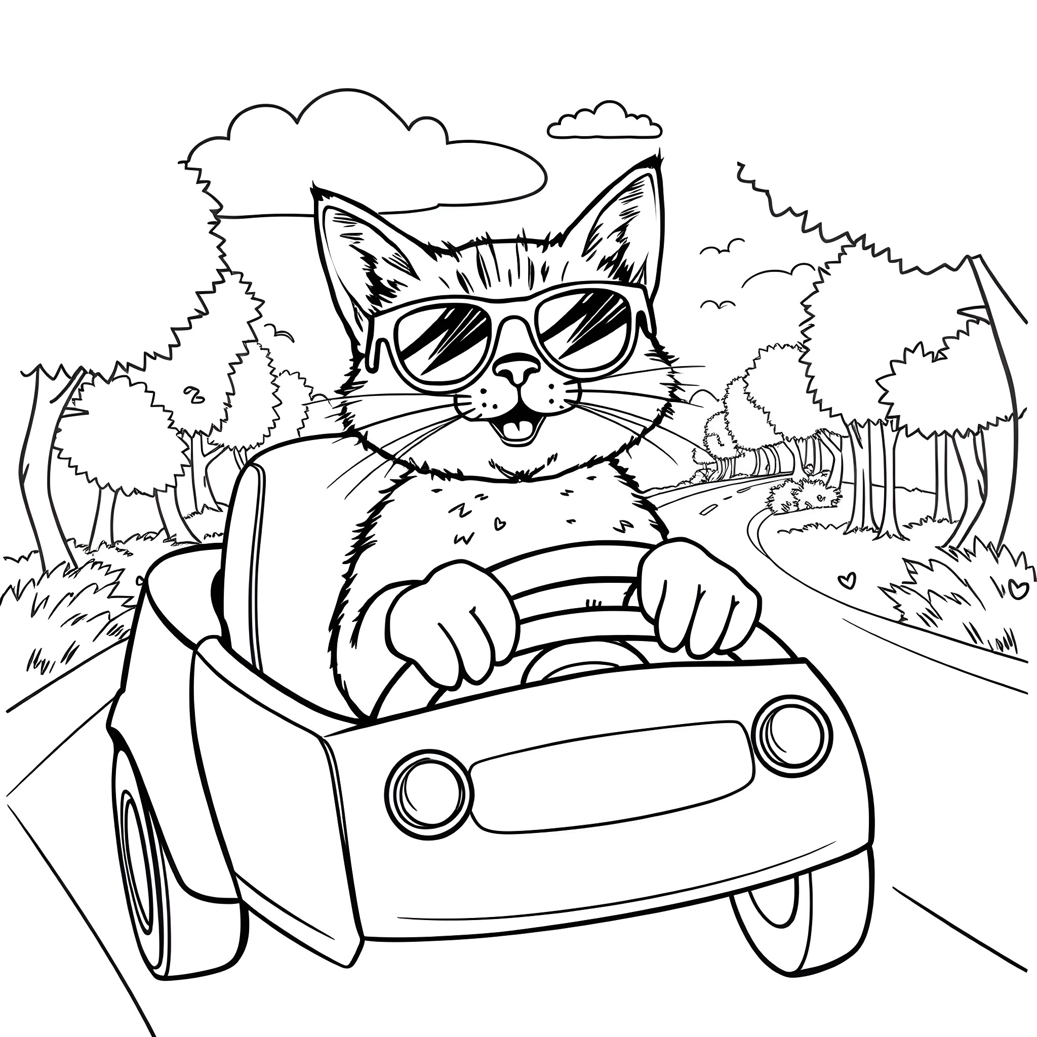 Cat driving a car on the road Coloring Page (free black-and-white line drawing printable PDF for all, from beginners to advanced learners, including children, teens, adults, and seniors)