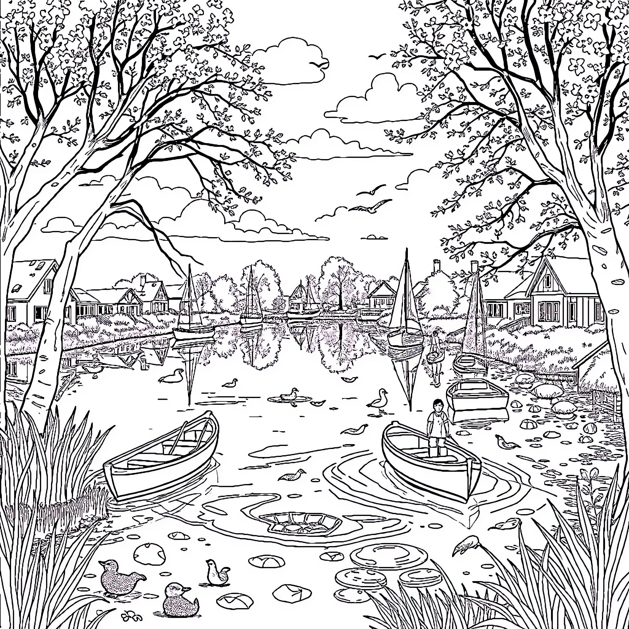 Marais Poitevin: Peaceful Riverside Scenery with Boats and Foliage Coloring Page (free black-and-white line drawing printable PDF for all, from beginners to advanced learners, including children, teens, adults, and seniors)