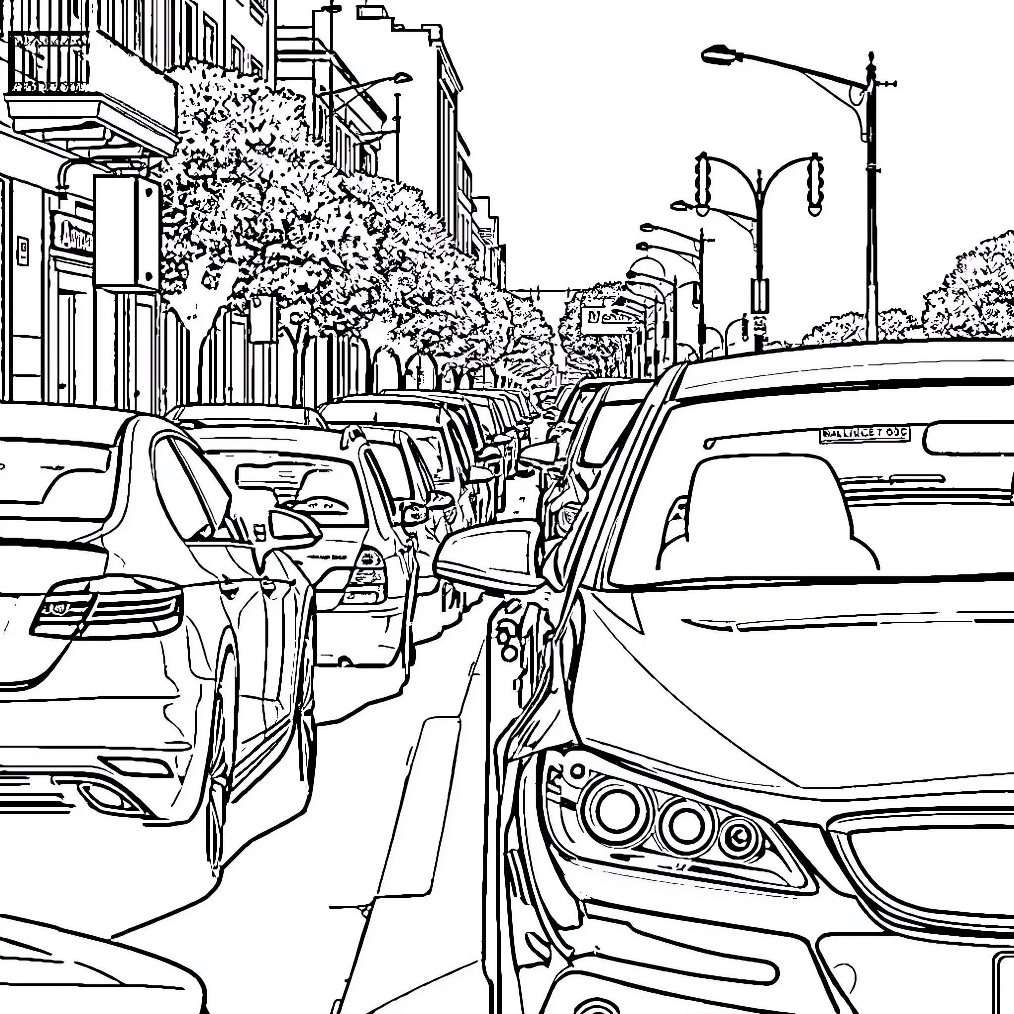 Cars on a Bustling City Street Coloring Page (free black-and-white line drawing printable PDF for all, from beginners to advanced learners, including children, teens, adults, and seniors)