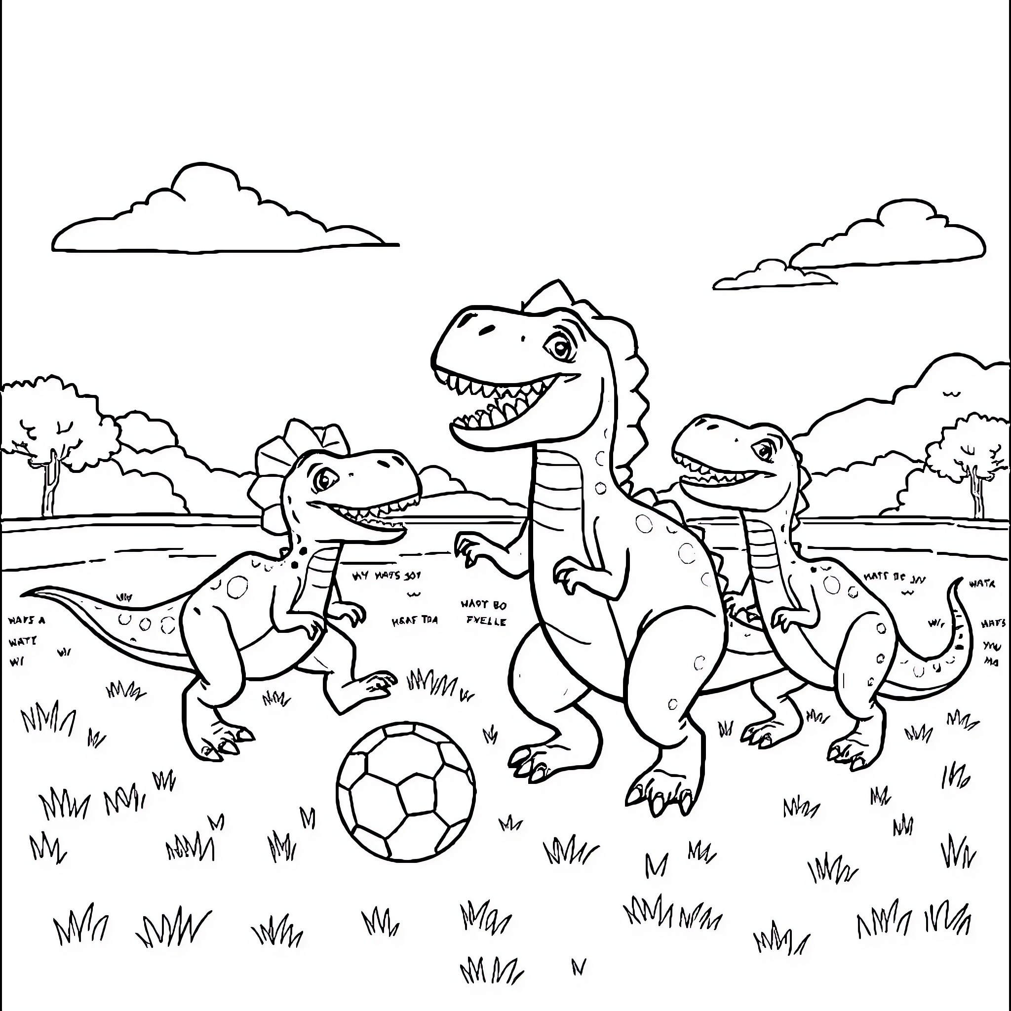 Dinosaurs Playing Soccer in the Park Coloring Page (free black-and-white line drawing printable PDF for all, from beginners to advanced learners, including children, teens, adults, and seniors)