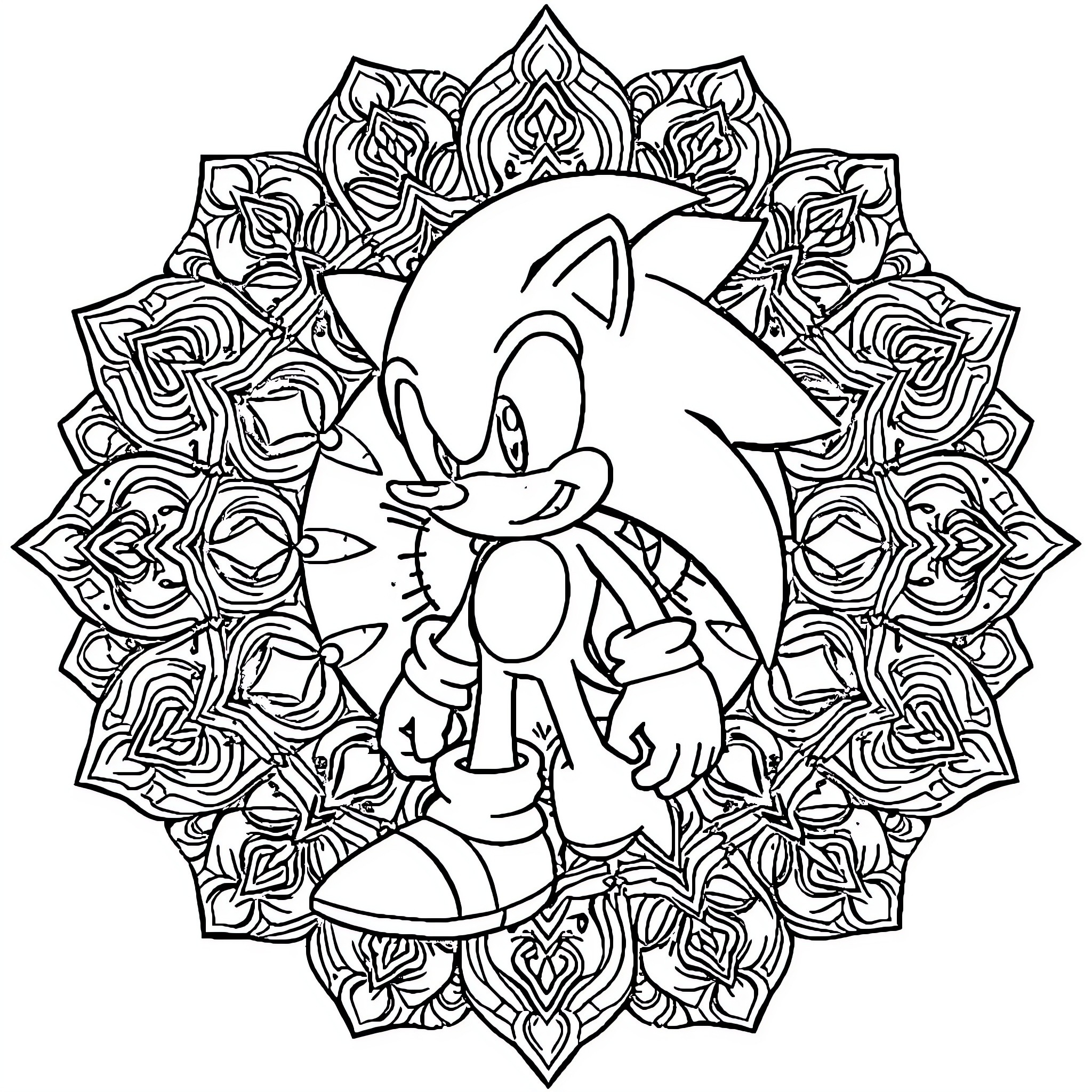 Sonic in Decorative Mandala Frame Coloring Page (free black-and-white line drawing printable PDF for all, from beginners to advanced learners, including children, teens, adults, and seniors)