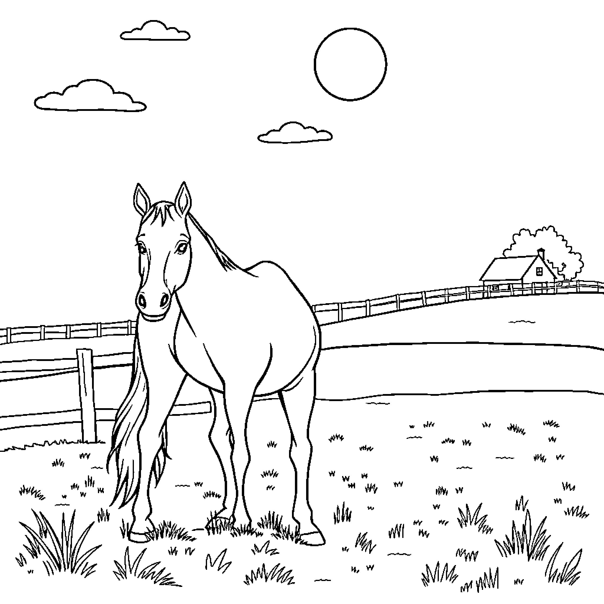 Horse standing in a peaceful countryside landscape Coloring Page (free black-and-white line drawing printable PDF for all, from beginners to advanced learners, including children, teens, adults, and seniors)
