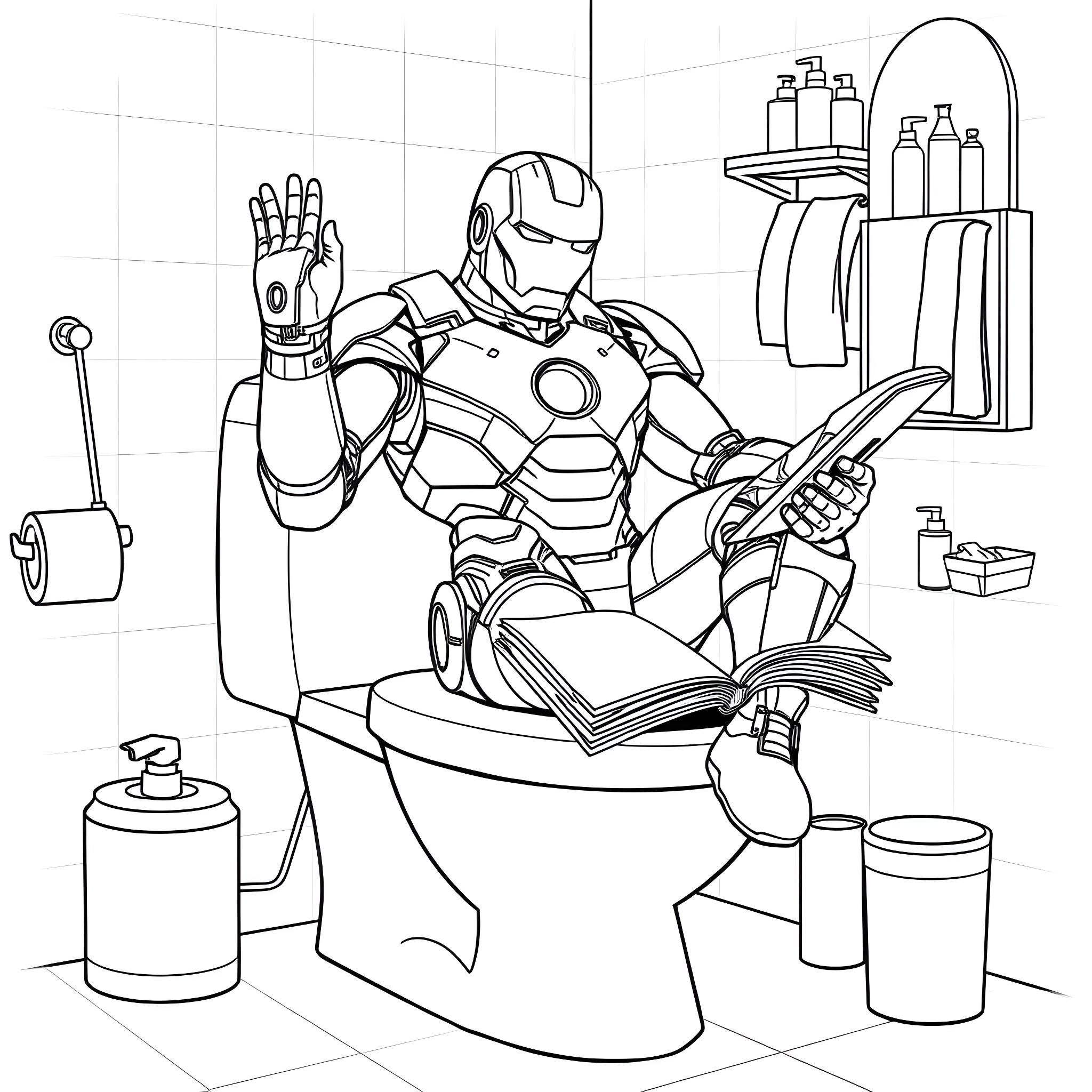 Iron Man reading intently in the bathroom Coloring Page (free black-and-white line drawing printable PDF for all, from beginners to advanced learners, including children, teens, adults, and seniors)