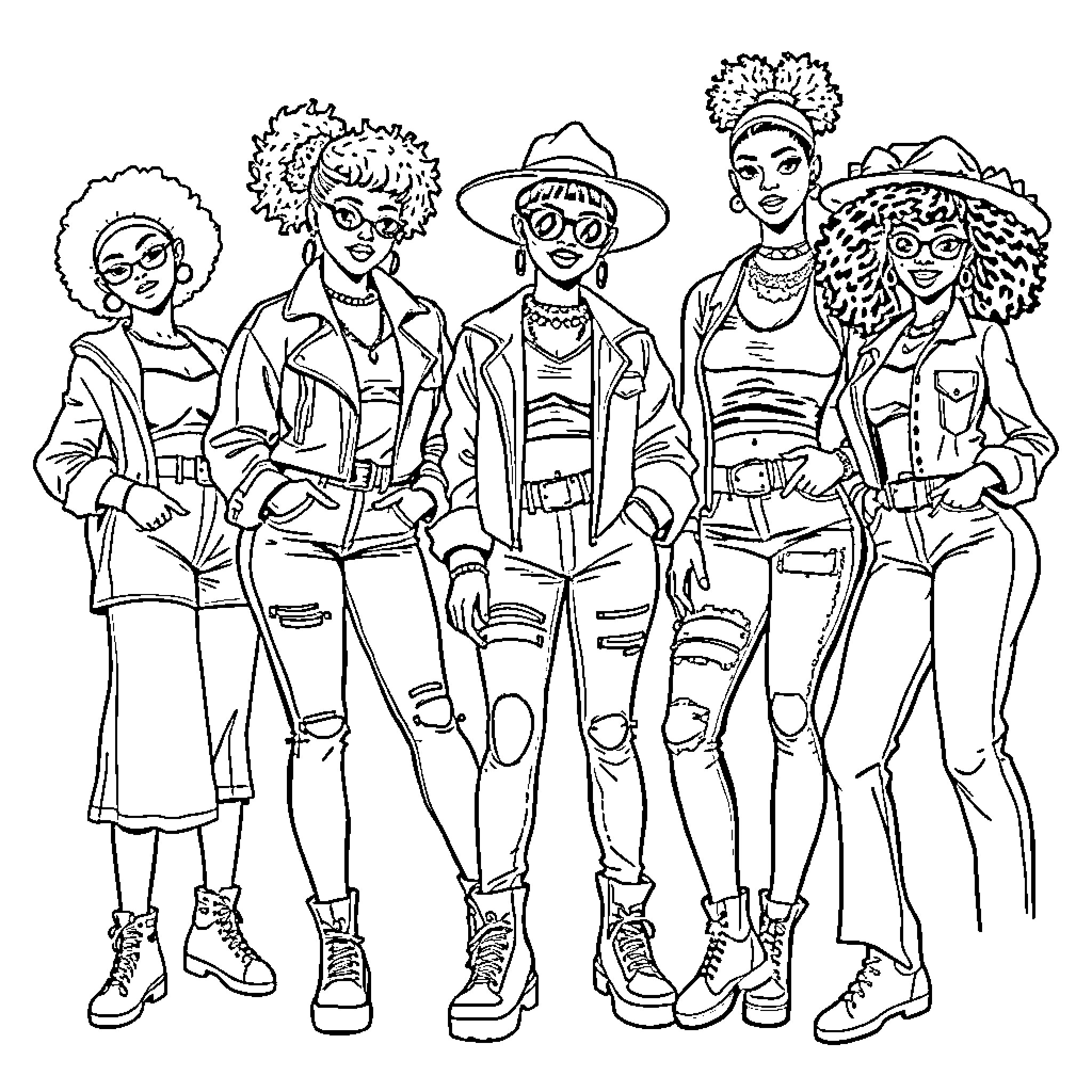 Girls dressed in trendy, stylish outfits Coloring Page (free black-and-white line drawing printable PDF for all, from beginners to advanced learners, including children, teens, adults, and seniors)