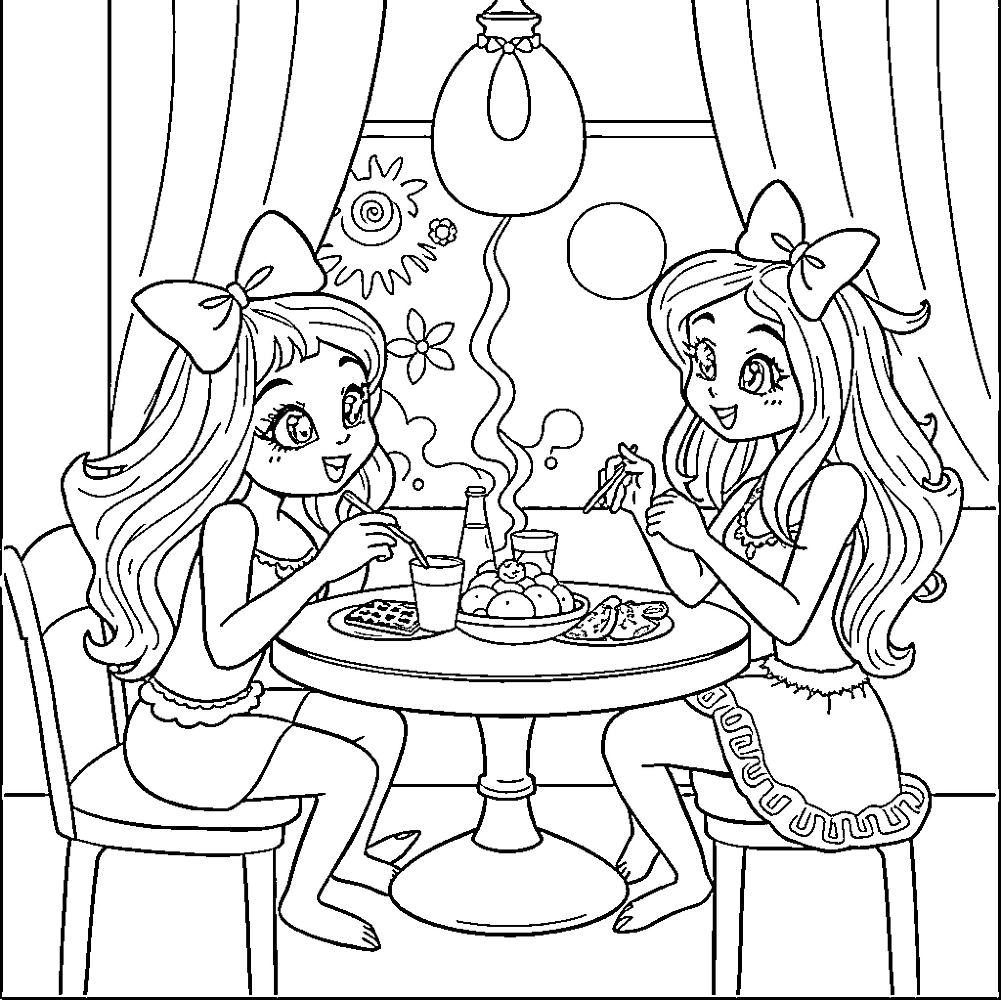 Powerpuff Girls Having Tea Party with Sweets Coloring Page (free black-and-white line drawing printable PDF for all, from beginners to advanced learners, including children, teens, adults, and seniors)