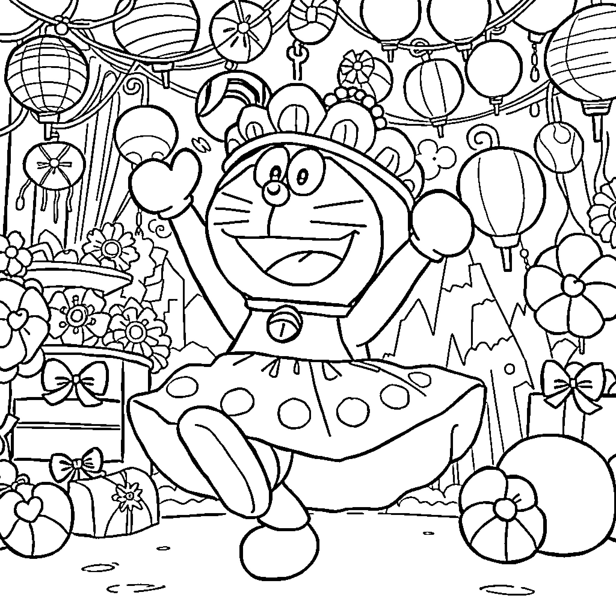 Doraemon enjoying a festive scene with decorations Coloring Page (free black-and-white line drawing printable PDF for all, from beginners to advanced learners, including children, teens, adults, and seniors)