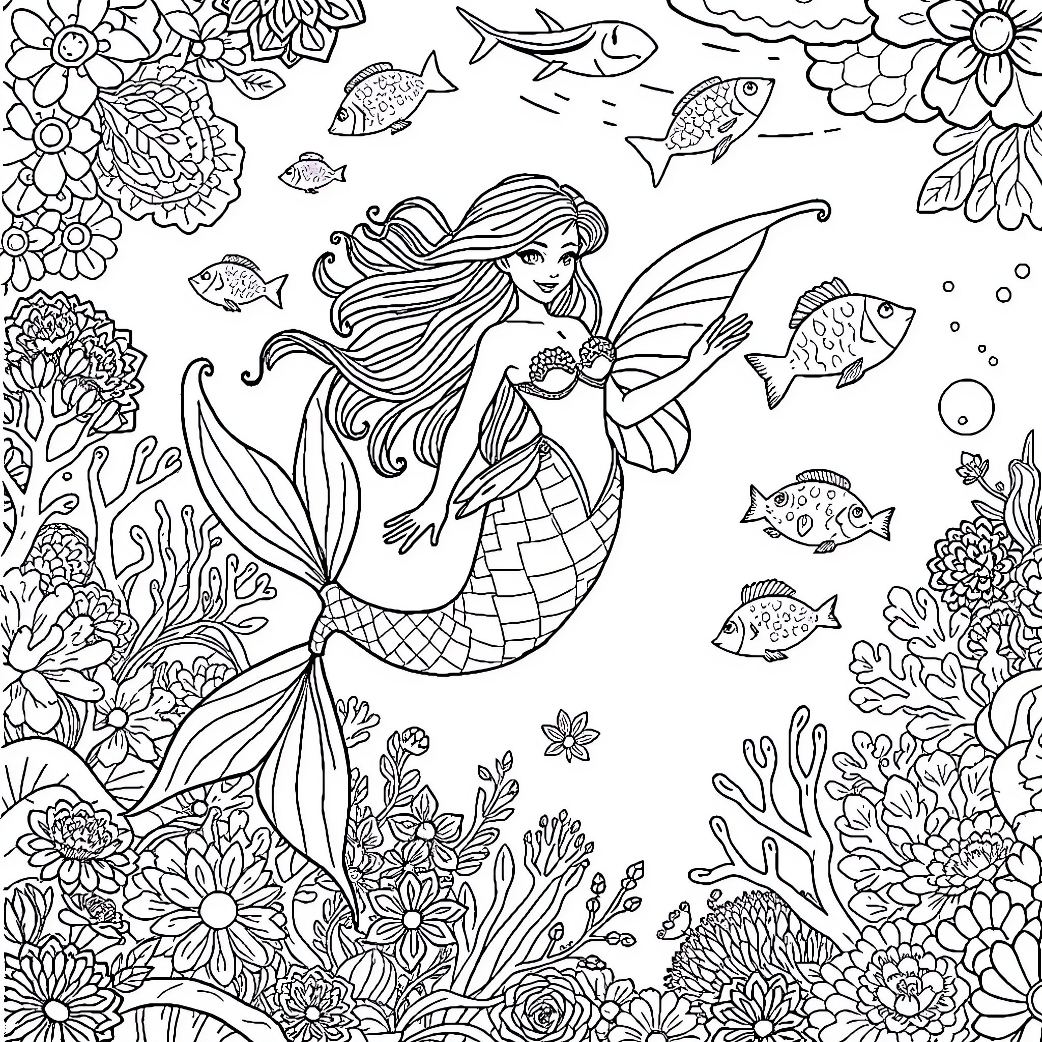 Mermaid swimming among vibrant marine life Coloring Page (free black-and-white line drawing printable PDF for all, from beginners to advanced learners, including children, teens, adults, and seniors)
