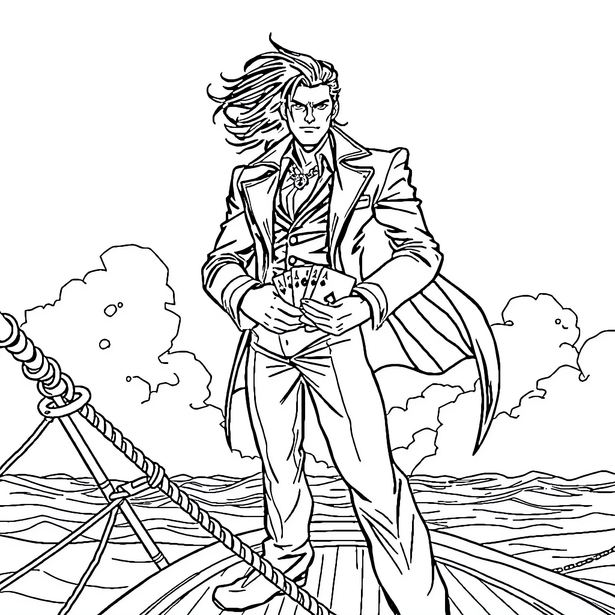 Gambit's Daring Adventure on the High Seas Coloring Page (free black-and-white line drawing printable PDF for all, from beginners to advanced learners, including children, teens, adults, and seniors)