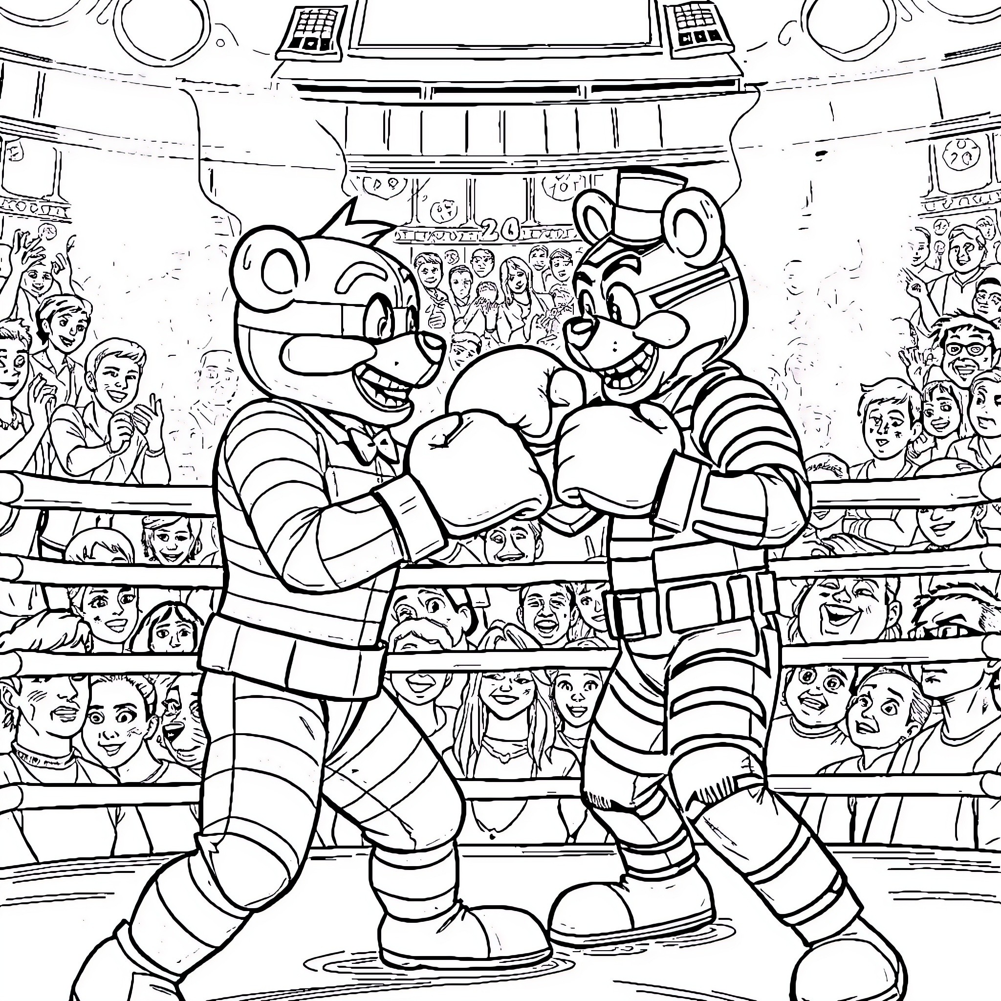 Freddy Fazbear's Fighting Showdown in the Arena Coloring Page (free black-and-white line drawing printable PDF for all, from beginners to advanced learners, including children, teens, adults, and seniors)