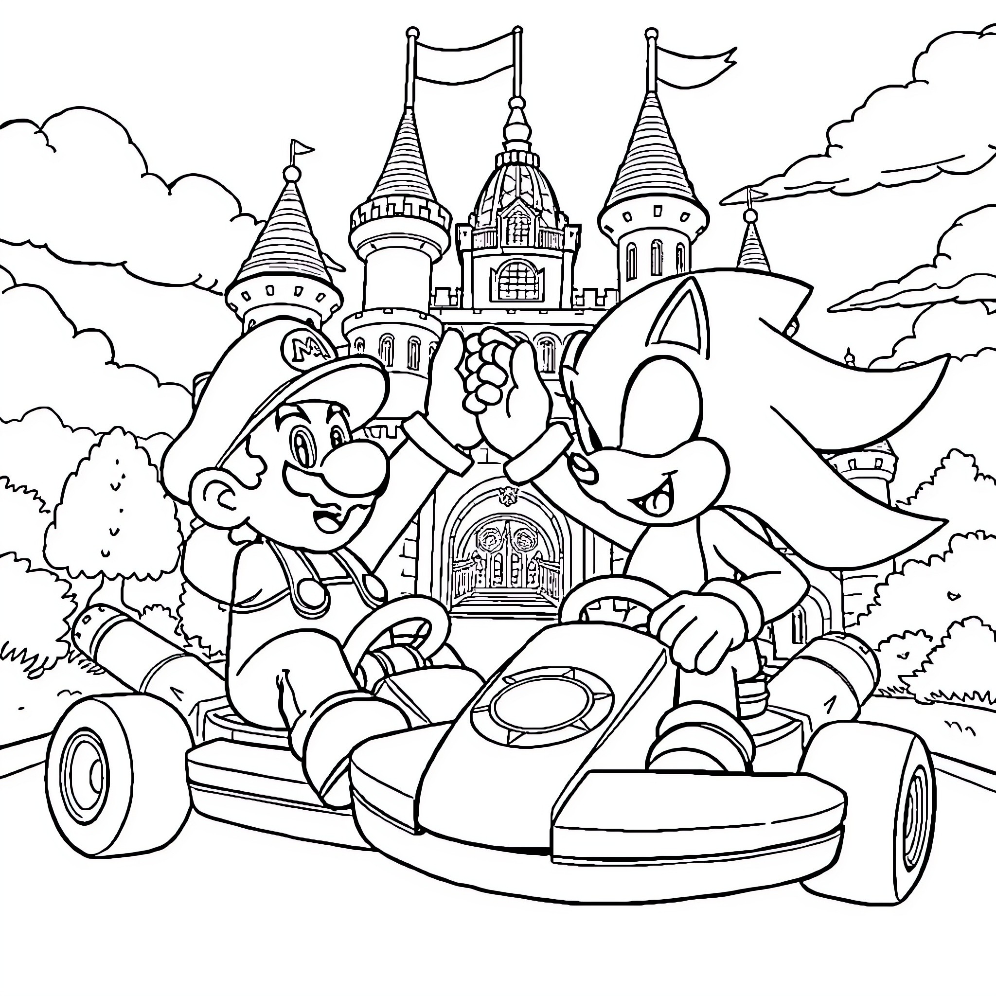 Mario and Luigi Racing in a Kart at the Castle Coloring Page (free black-and-white line drawing printable PDF for all, from beginners to advanced learners, including children, teens, adults, and seniors)
