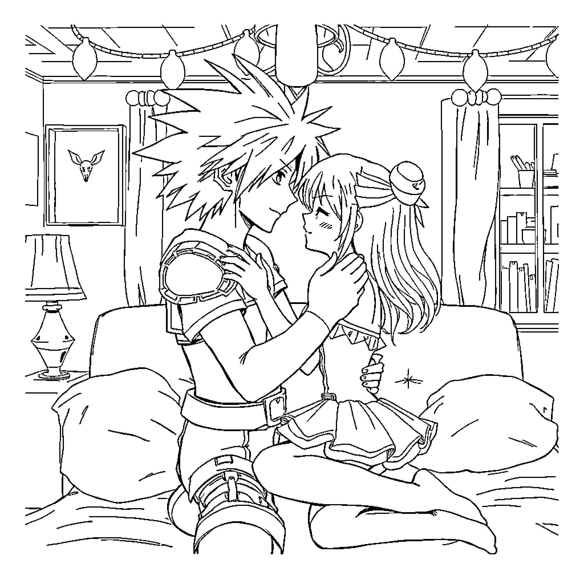Cloud Strife and a friend in a cozy home setting Coloring Page (free black-and-white line drawing printable PDF for all, from beginners to advanced learners, including children, teens, adults, and seniors)
