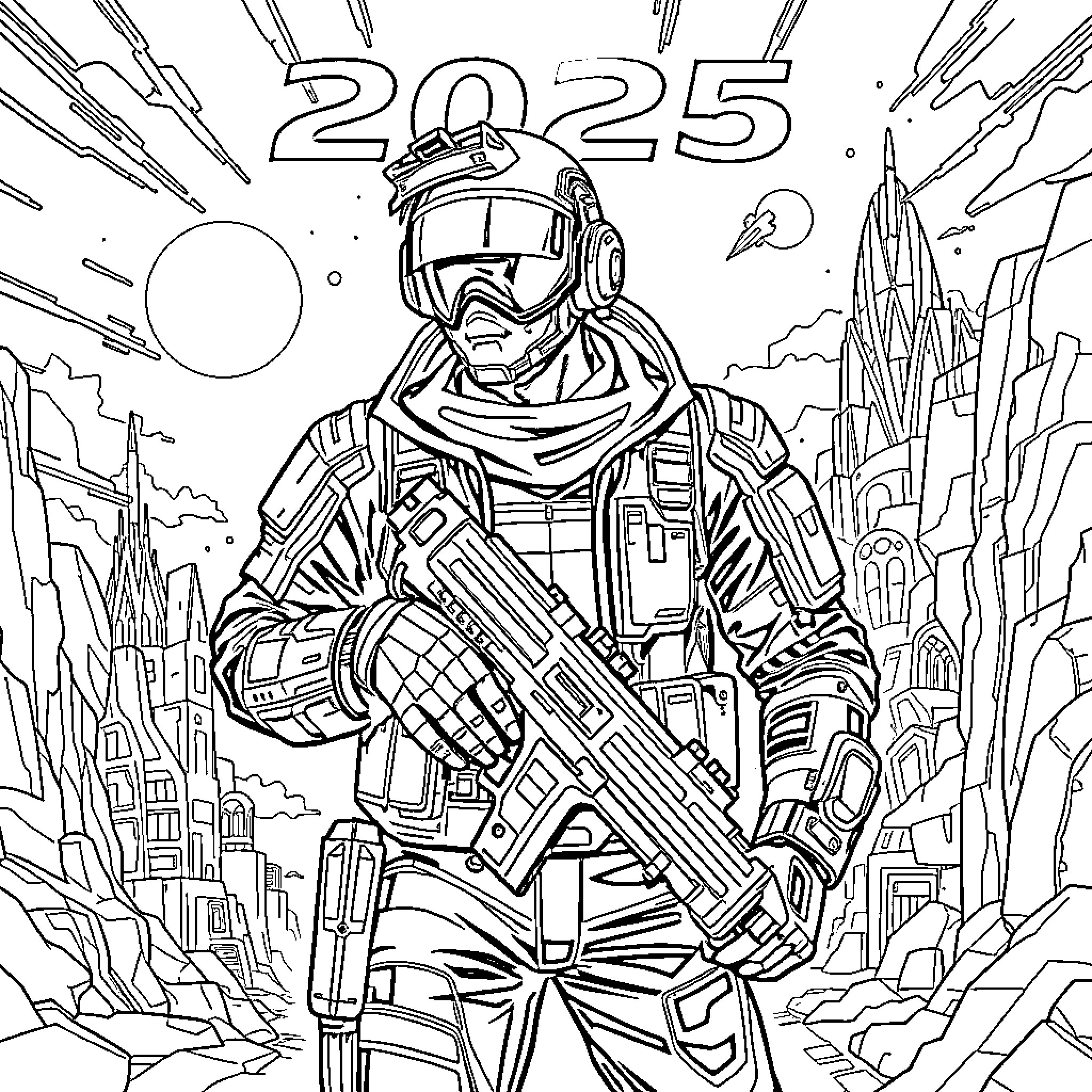 Brenner Gamez: Futuristic Soldier in Dystopian Cityscape Coloring Page (free black-and-white line drawing printable PDF for all, from beginners to advanced learners, including children, teens, adults, and seniors)
