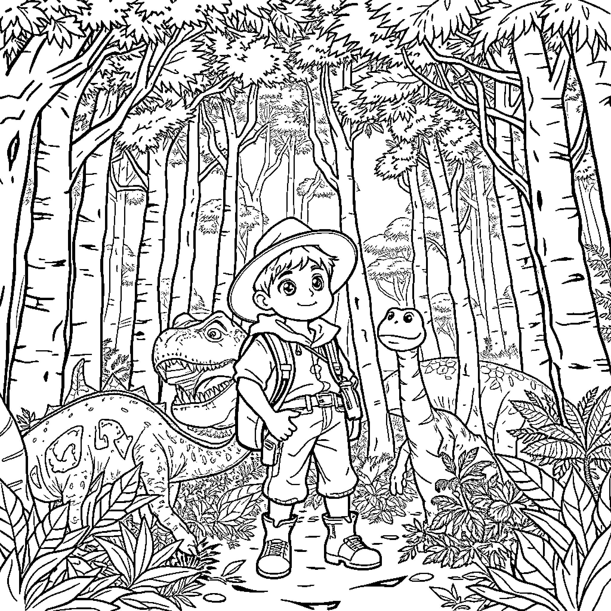 Explorer discovering mysterious creatures in the forest Coloring Page (free black-and-white line drawing printable PDF for all, from beginners to advanced learners, including children, teens, adults, and seniors)