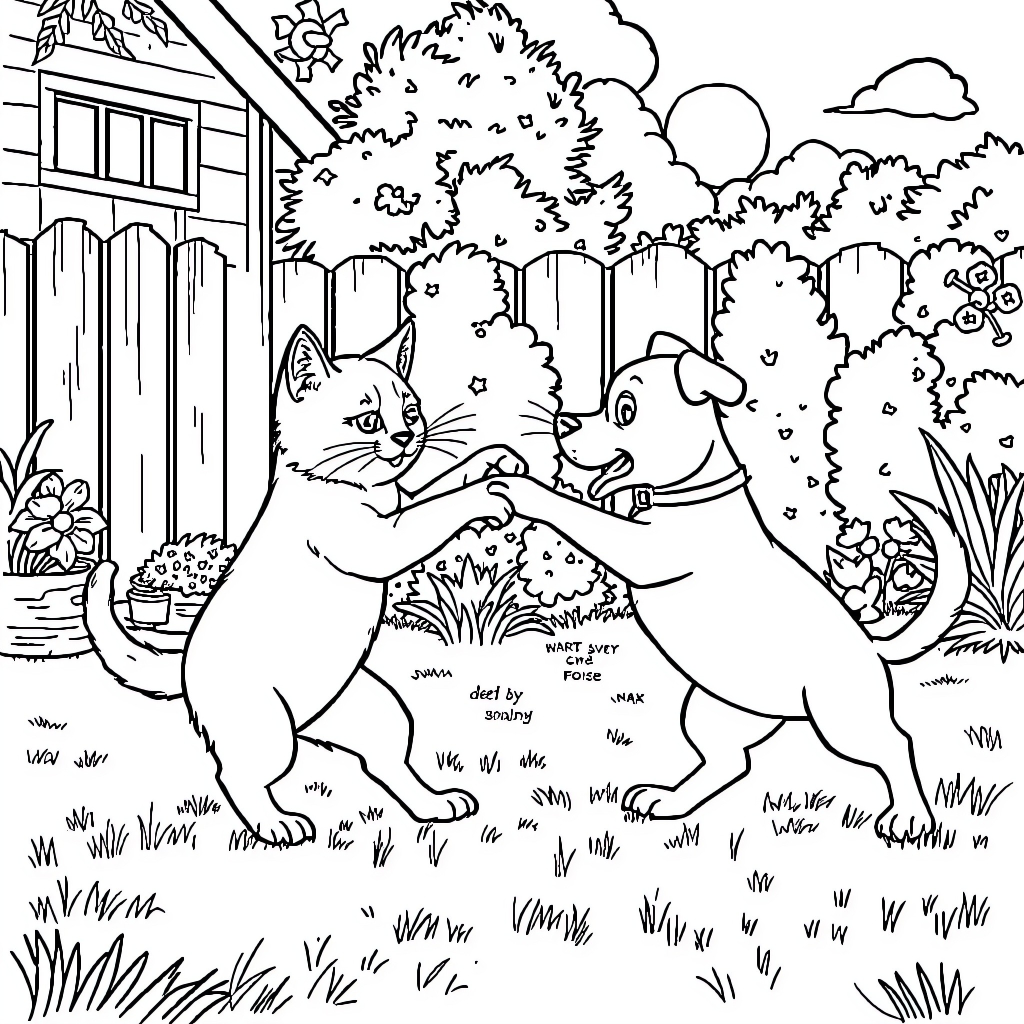 Cat and Dog Exploring the Backyard Coloring Page (free black-and-white line drawing printable PDF for all, from beginners to advanced learners, including children, teens, adults, and seniors)