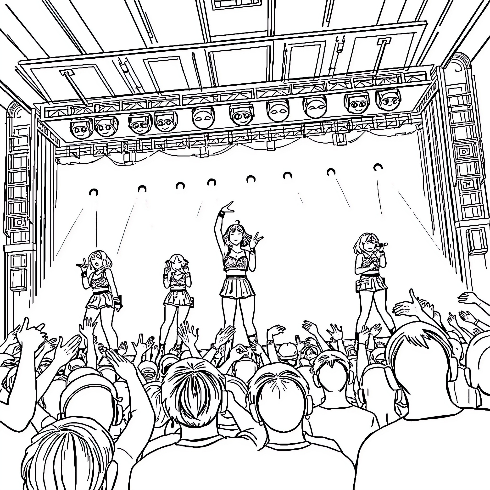 Blackpink Performing Energetically on Stage Coloring Page (free black-and-white line drawing printable PDF for all, from beginners to advanced learners, including children, teens, adults, and seniors)